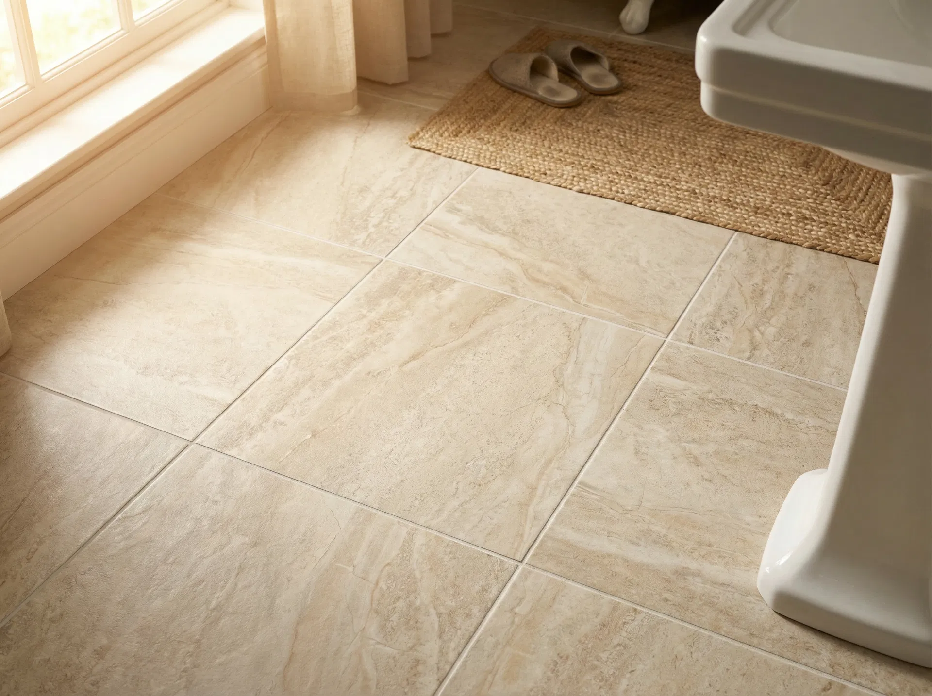Warm beige non-slip porcelain tile bathroom floor with natural light, aging-in-place bathroom remodeling Nassau County