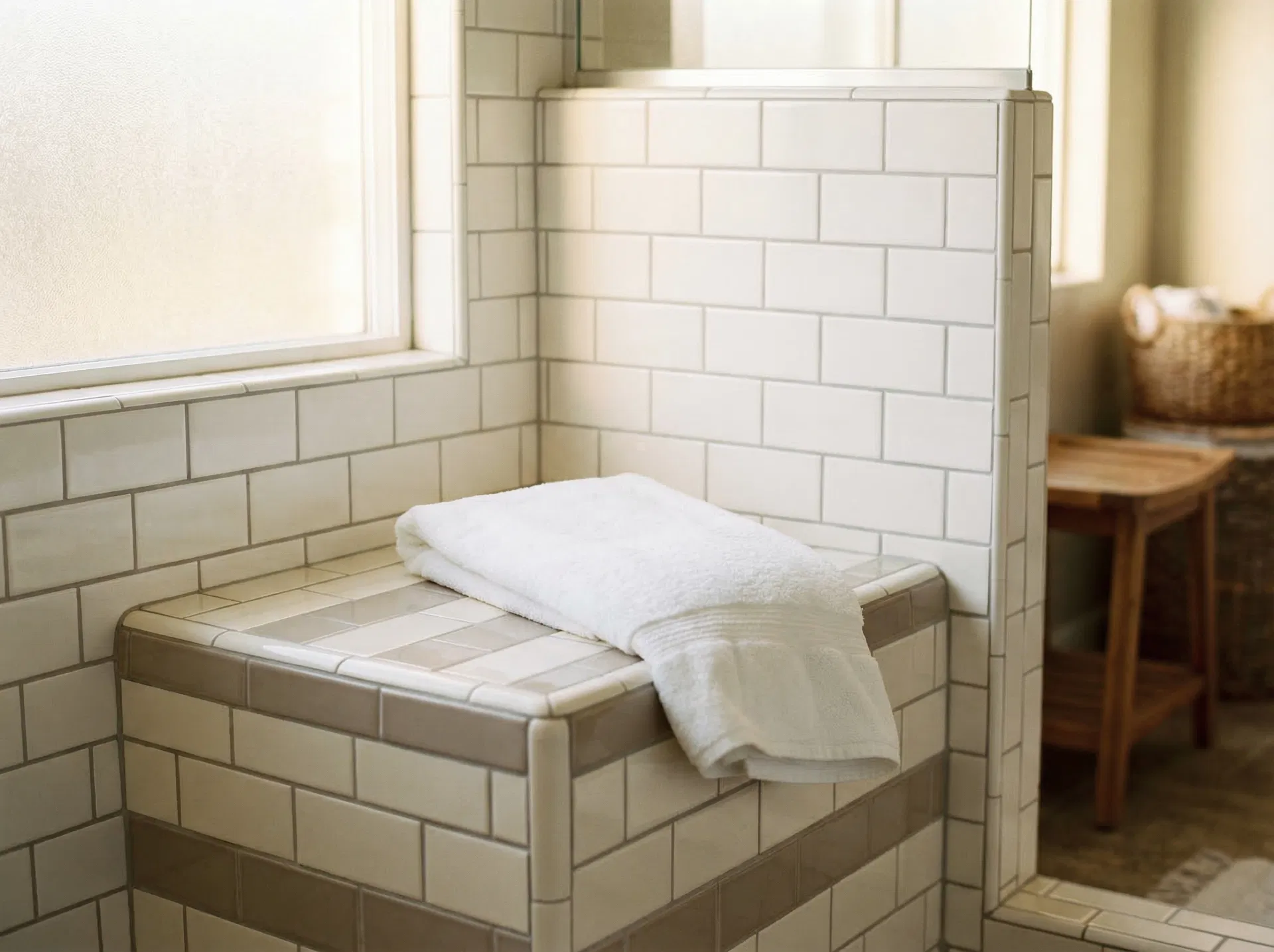 Built-in tiled shower bench with white subway tile and folded towel, senior bathroom remodeling Nassau County