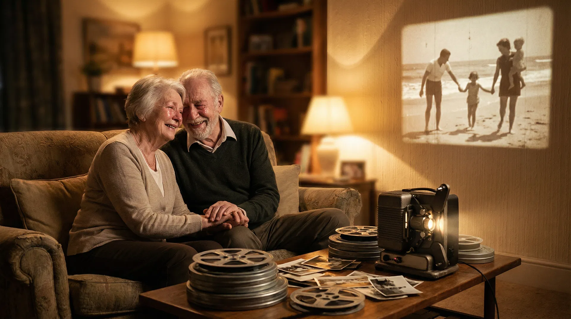 Elderly couple watching nostalgic family film footage projected on a wall, surrounded by vintage film reels and photographs in warm golden lighting