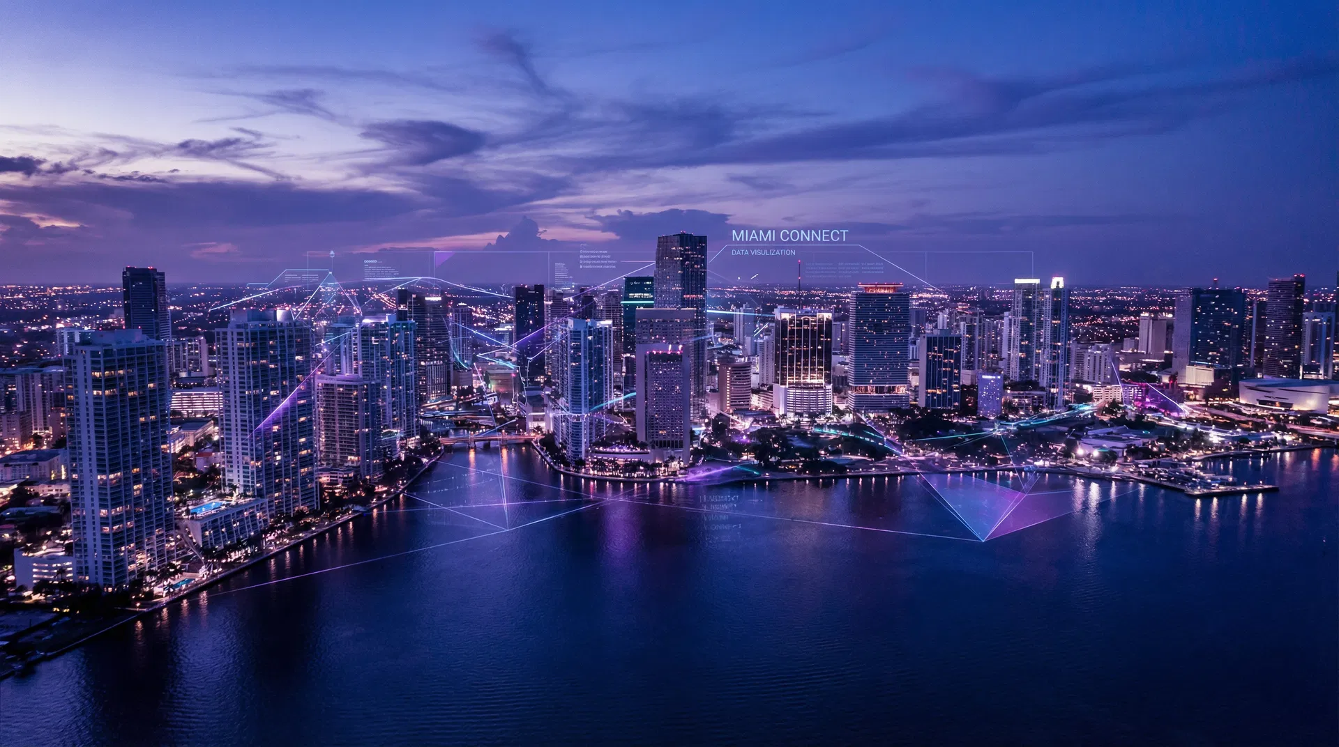 Miami downtown skyline at twilight with digital data network connections overlaid, representing AI technology powering South Florida businesses