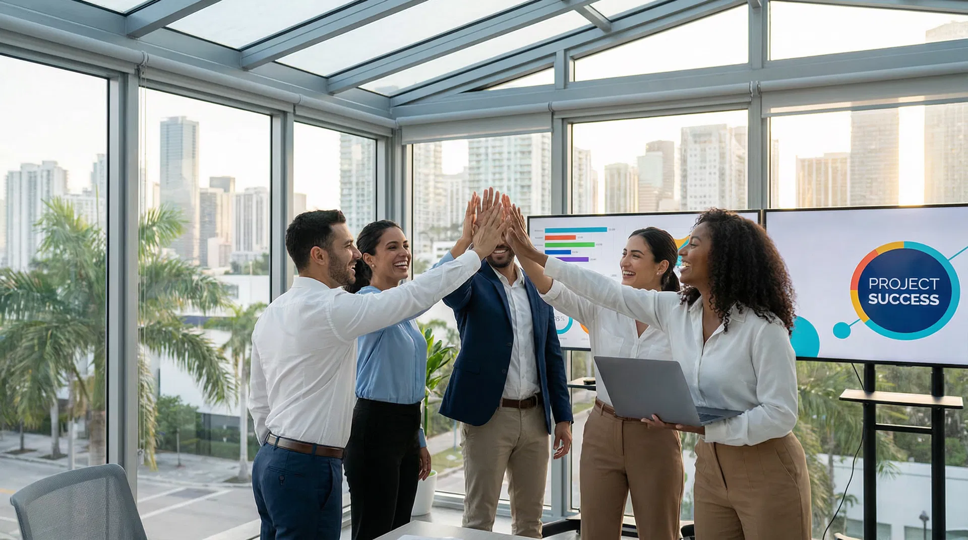 Professional team celebrating a successful project in a modern Miami office with palm trees and city skyline visible through glass walls