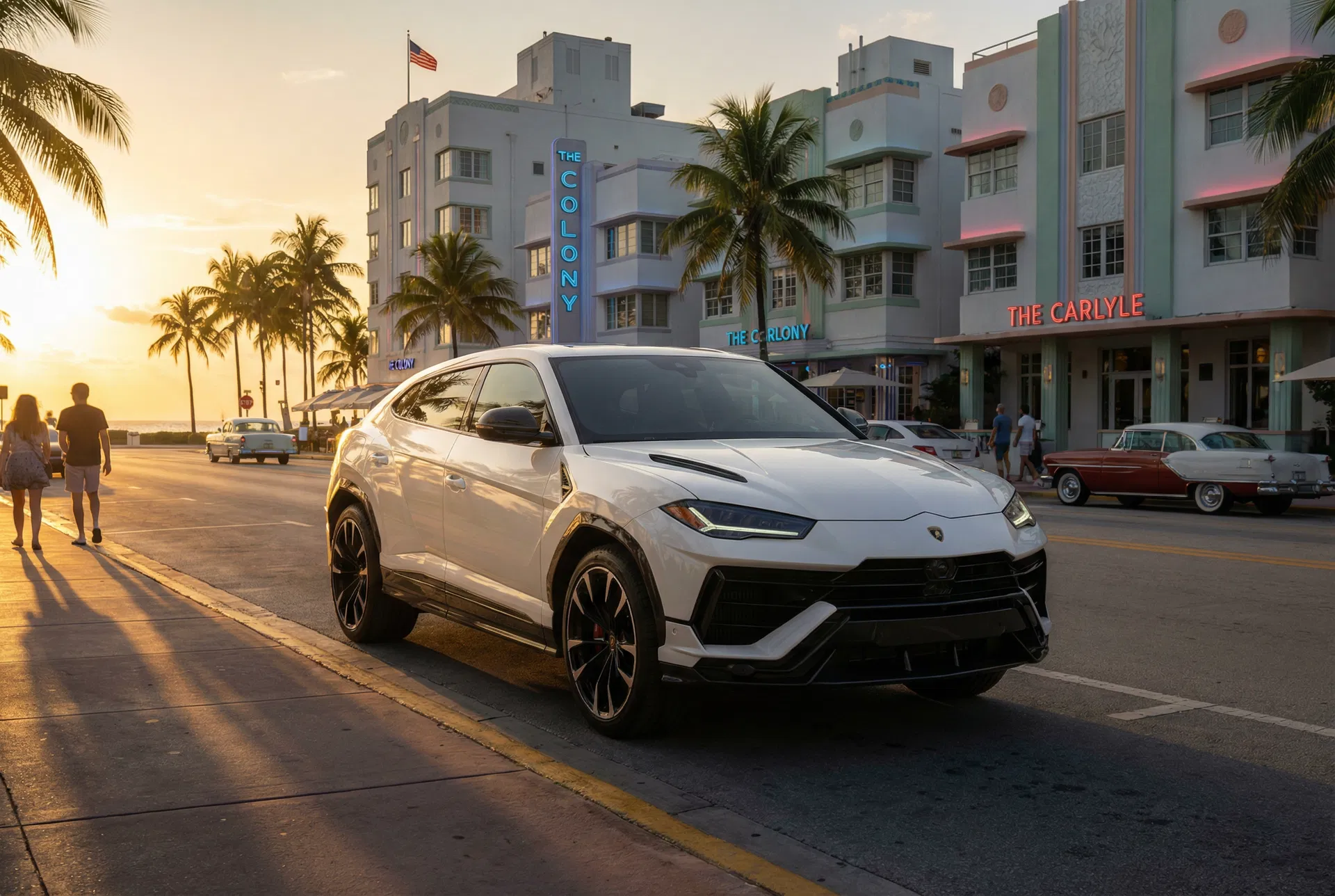 2025 Lamborghini Urus Performante lease Miami Beach — Ocean Drive Art Deco sunset