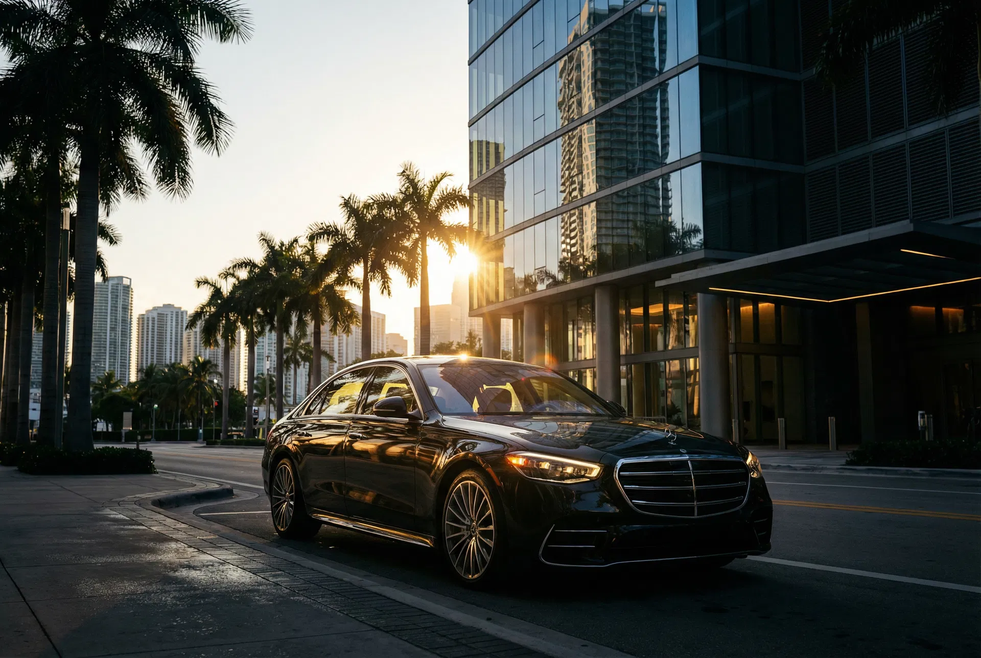 2025 Mercedes-Benz S-Class S580 lease Miami — golden hour in Brickell