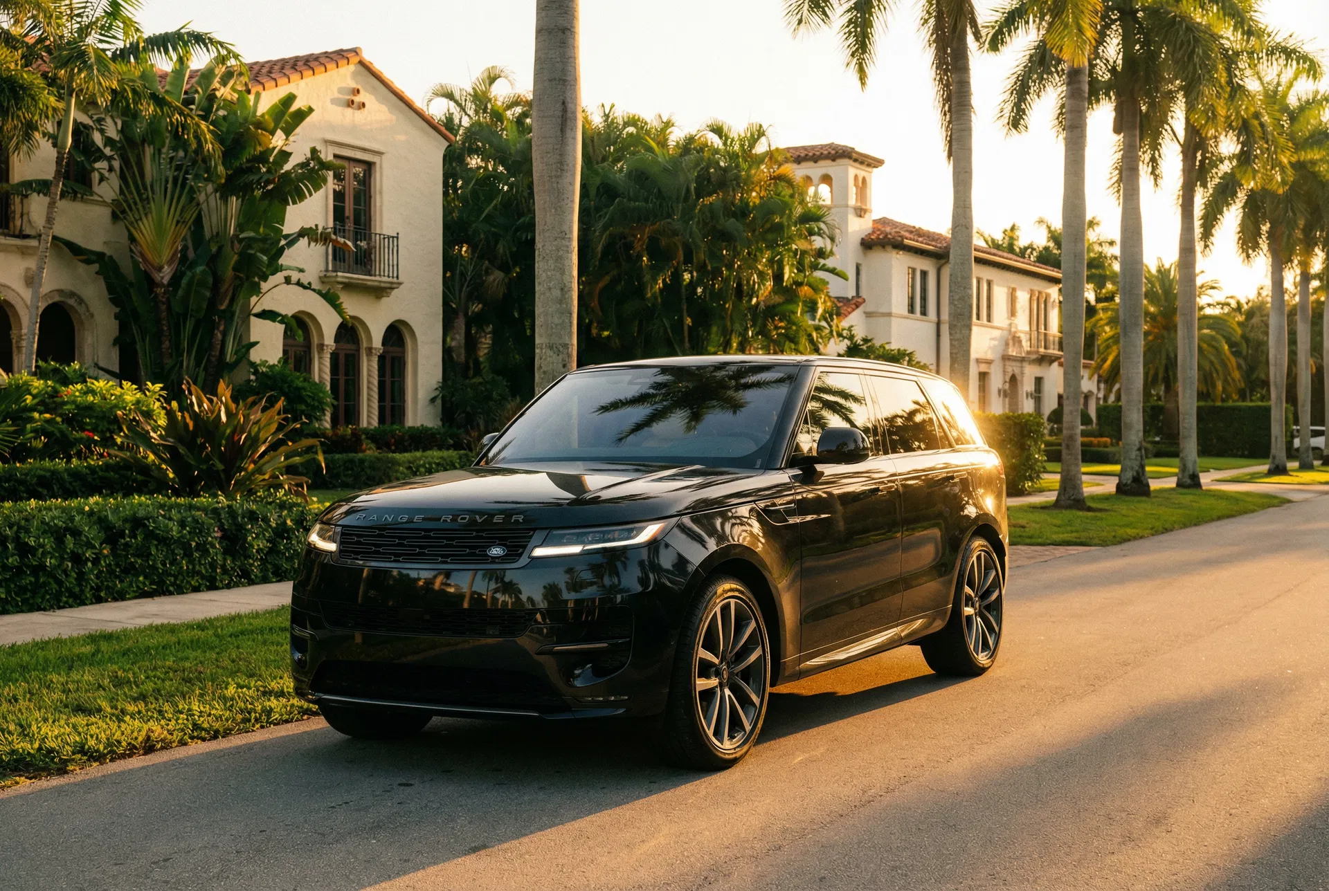 2025 Range Rover Sport lease Coral Gables Miami — palm-lined street golden hour