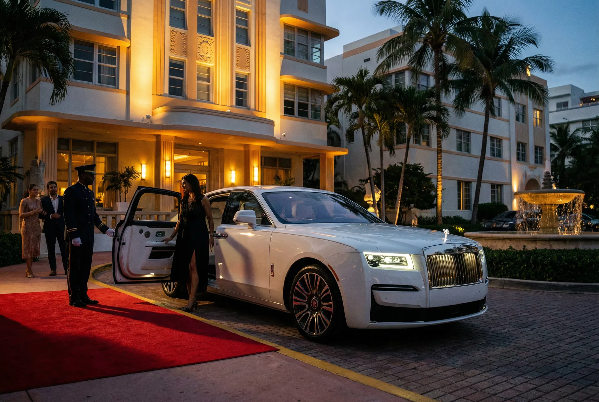 2025 Rolls-Royce Ghost lease Miami Beach — luxury hotel red carpet arrival