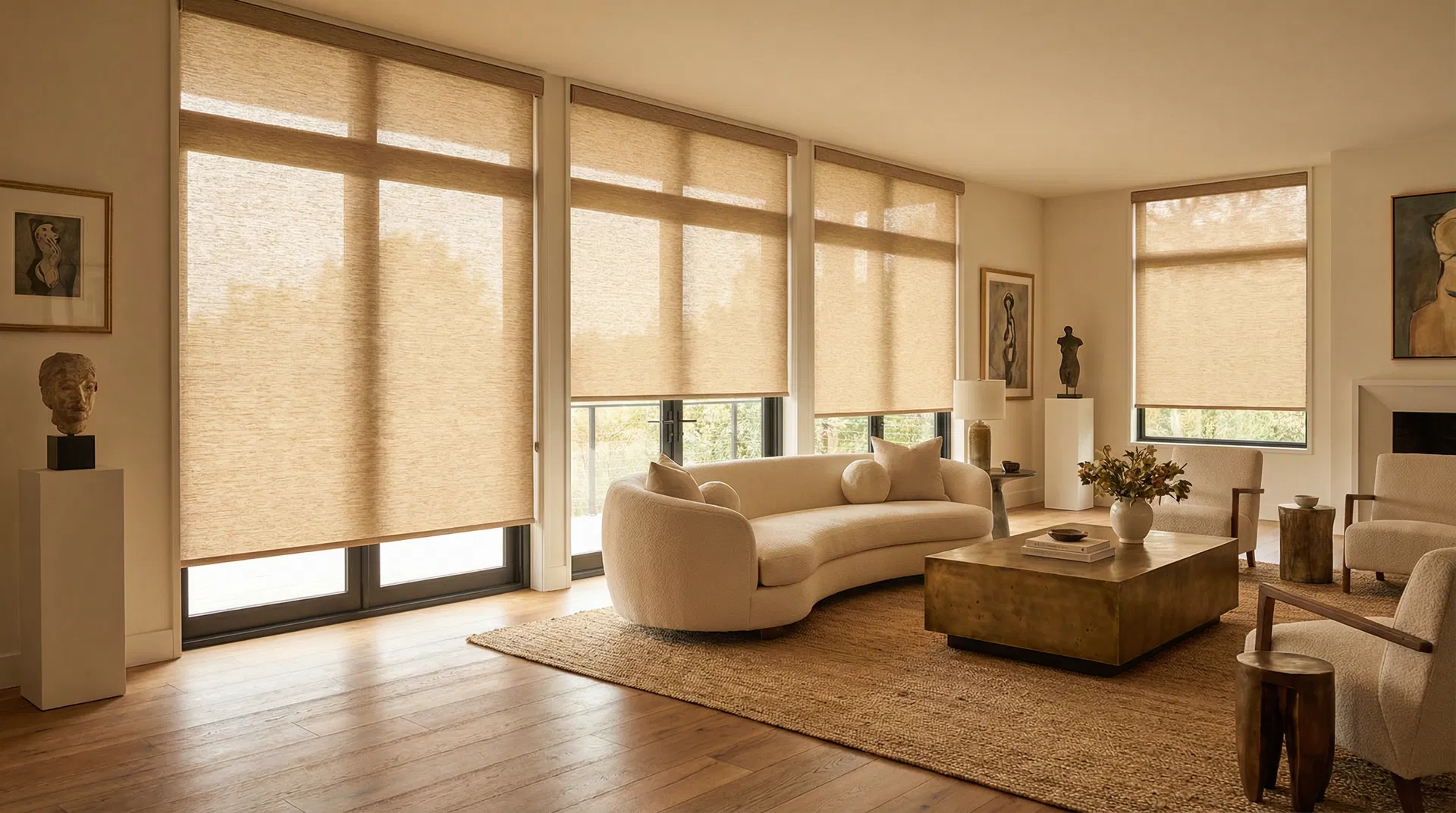 Luxury living room with custom roller shades filtering warm natural light - professional window treatment installation in Centreville, VA by Shore Shades & Finishes