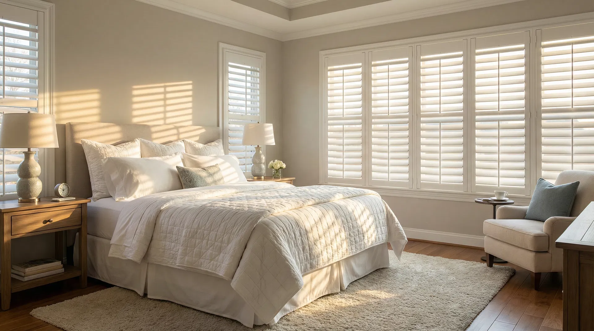 Premium Window Treatments in Great Falls, VA - Shore Shades & Finishes Elegant bedroom with premium plantation shutters and morning sunlight - professional window treatment installation in Great Falls, VA by Shore Shades & Finishes