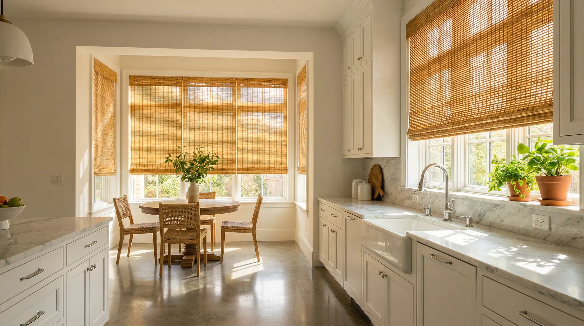 Bright kitchen with woven wood shades in natural bamboo tones - professional window treatment installation in Chevy Chase, MD by Shore Shades & Finishes