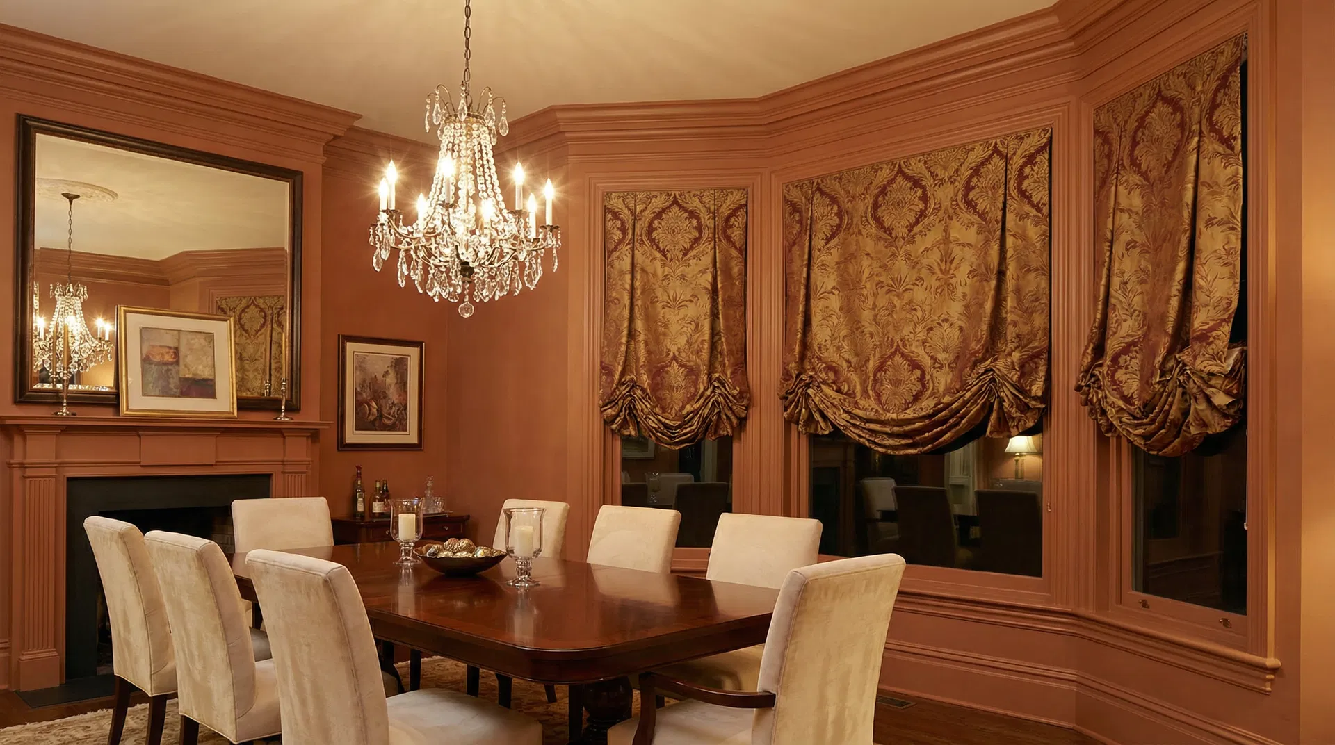 Premium Window Treatments in Hyattsville, MD - Shore Shades & Finishes Sophisticated dining room with luxurious Roman shades in rich fabric - professional window treatment installation in Hyattsville, MD by Shore Shades & Finishes