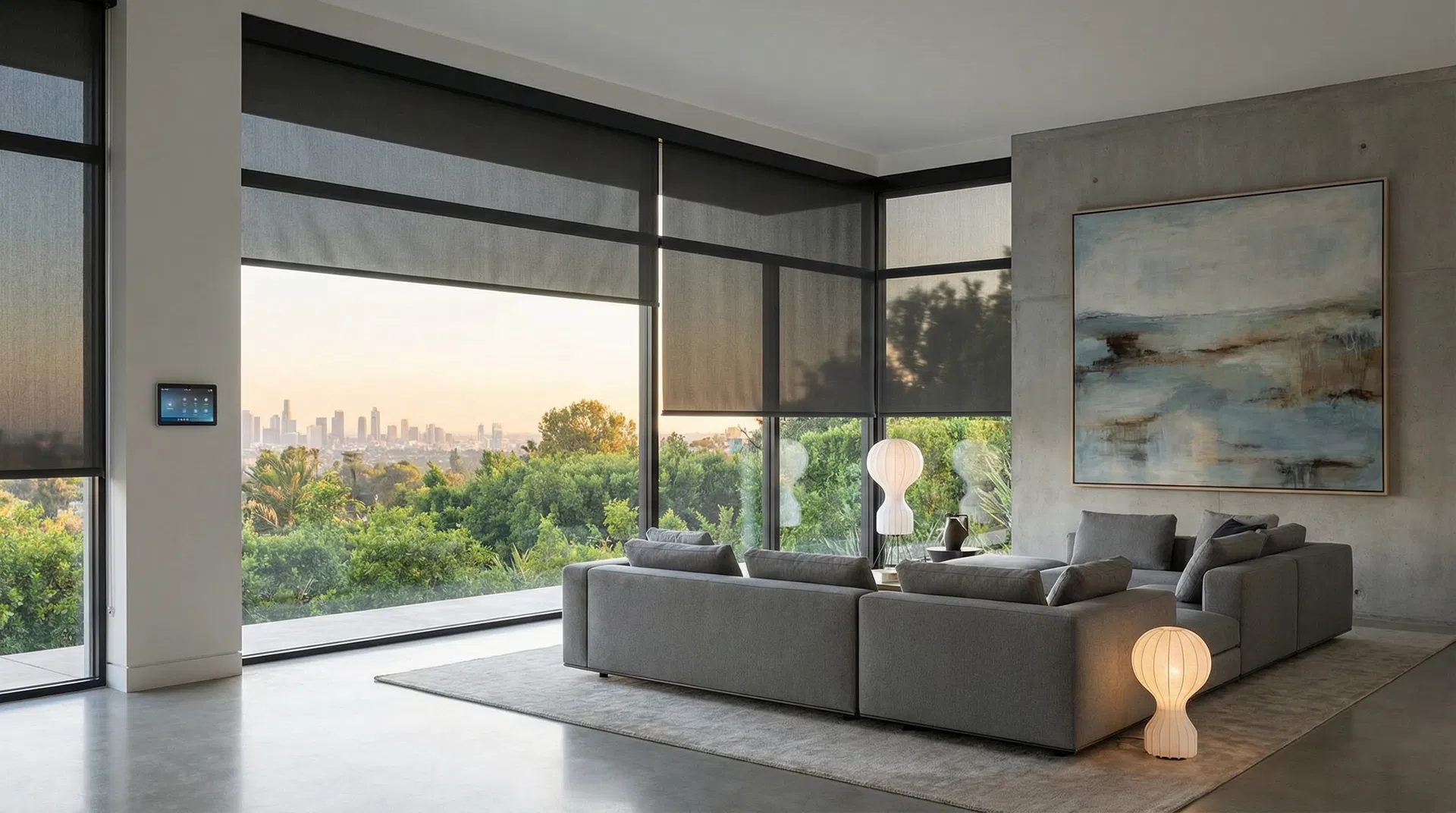 Modern living space with motorized solar shades and smart home control - professional window treatment installation in Germantown, MD by Shore Shades & Finishes