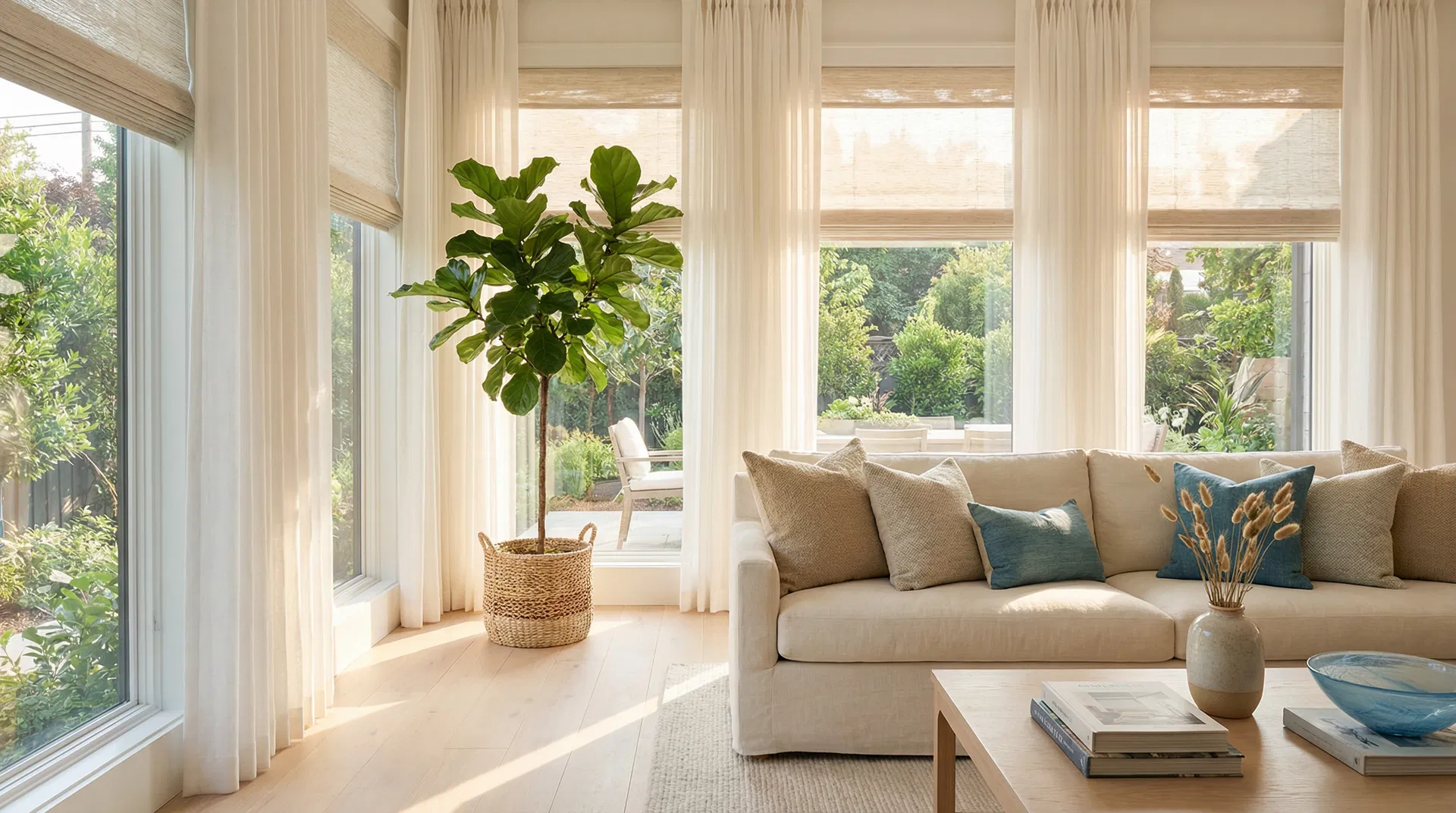 Shore Shades & Finishes - Premium Custom Window Treatments Elegant living room with custom window treatments by Shore Shades & Finishes serving DC, Maryland & Northern Virginia