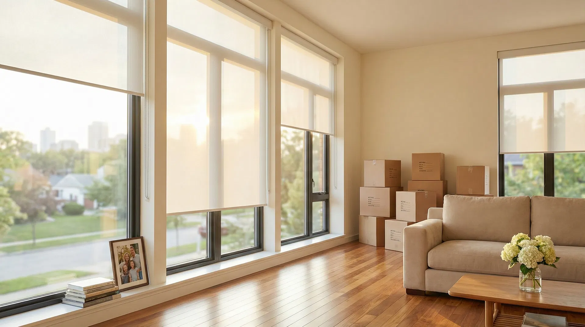 New home living room with moving boxes and temporary window shades in Washington DC metro area
