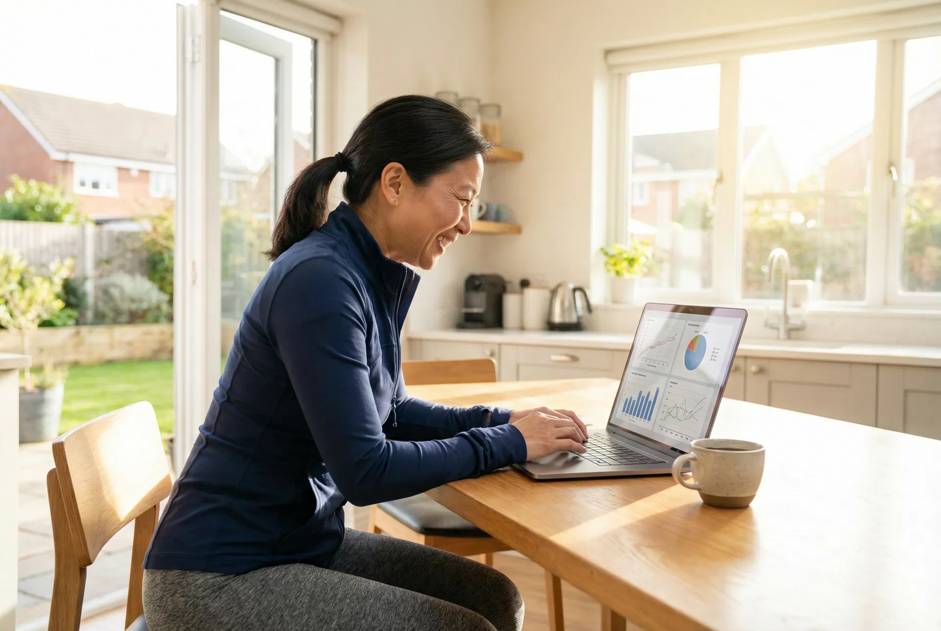 Asian woman reviewing hormone therapy progress on laptop at home