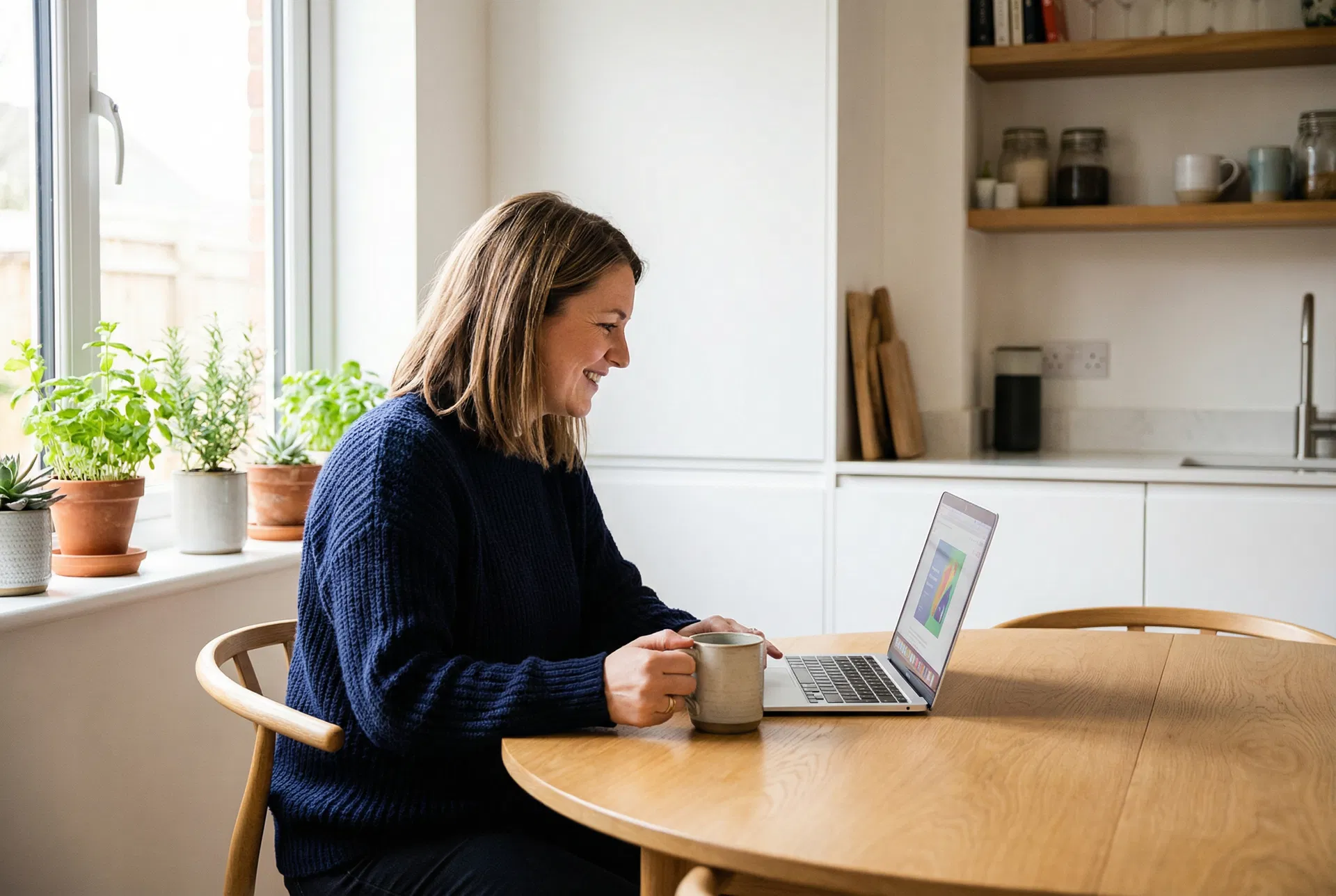 Woman reviewing her hormone therapy progress on laptop at home