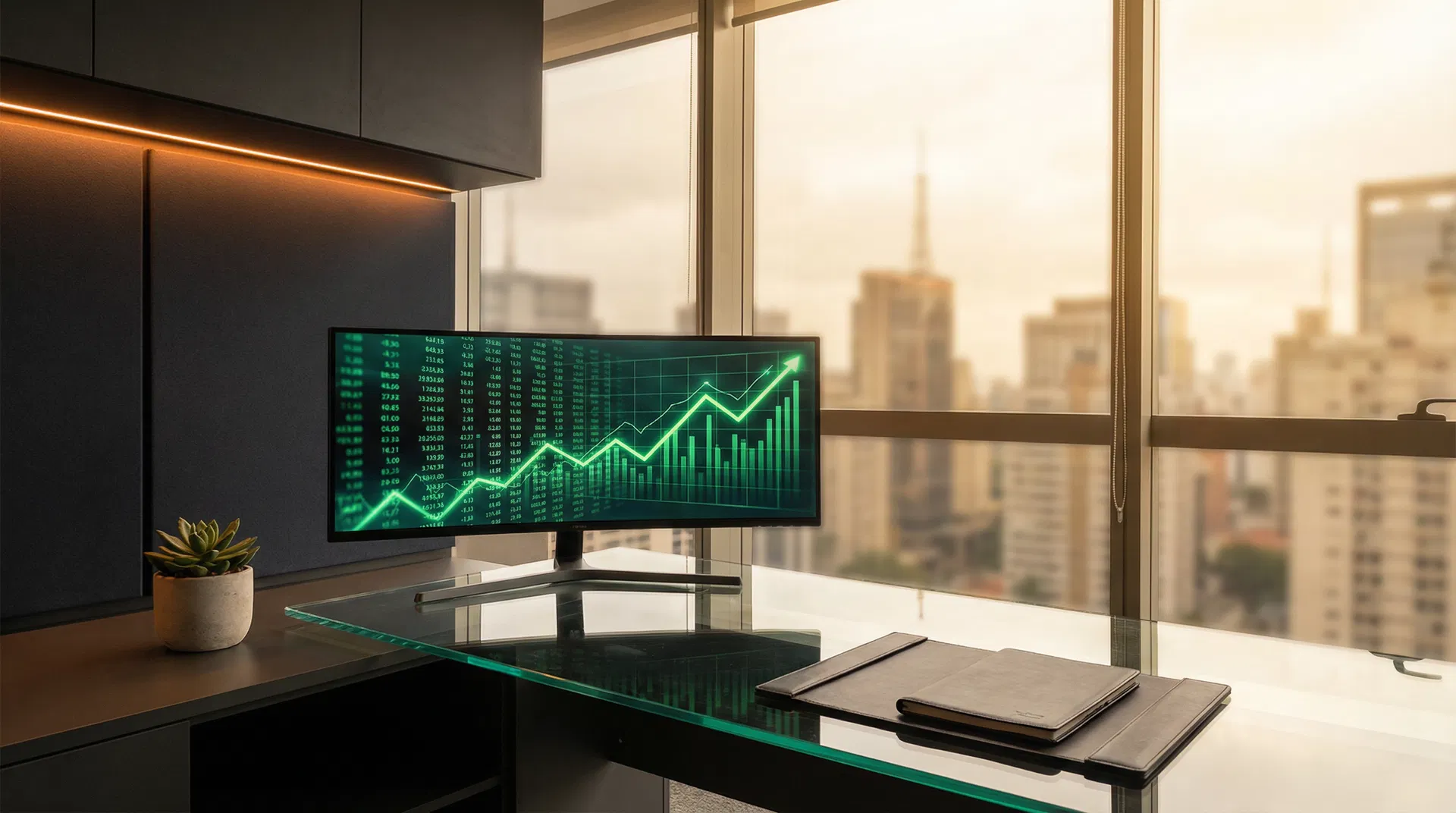 Escritório moderno com gráficos financeiros em São Paulo