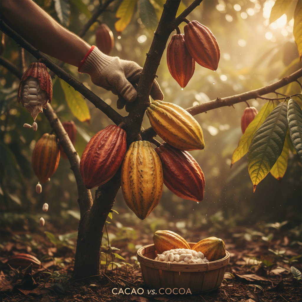 Harvesting cacao for cacao vs cocoa production