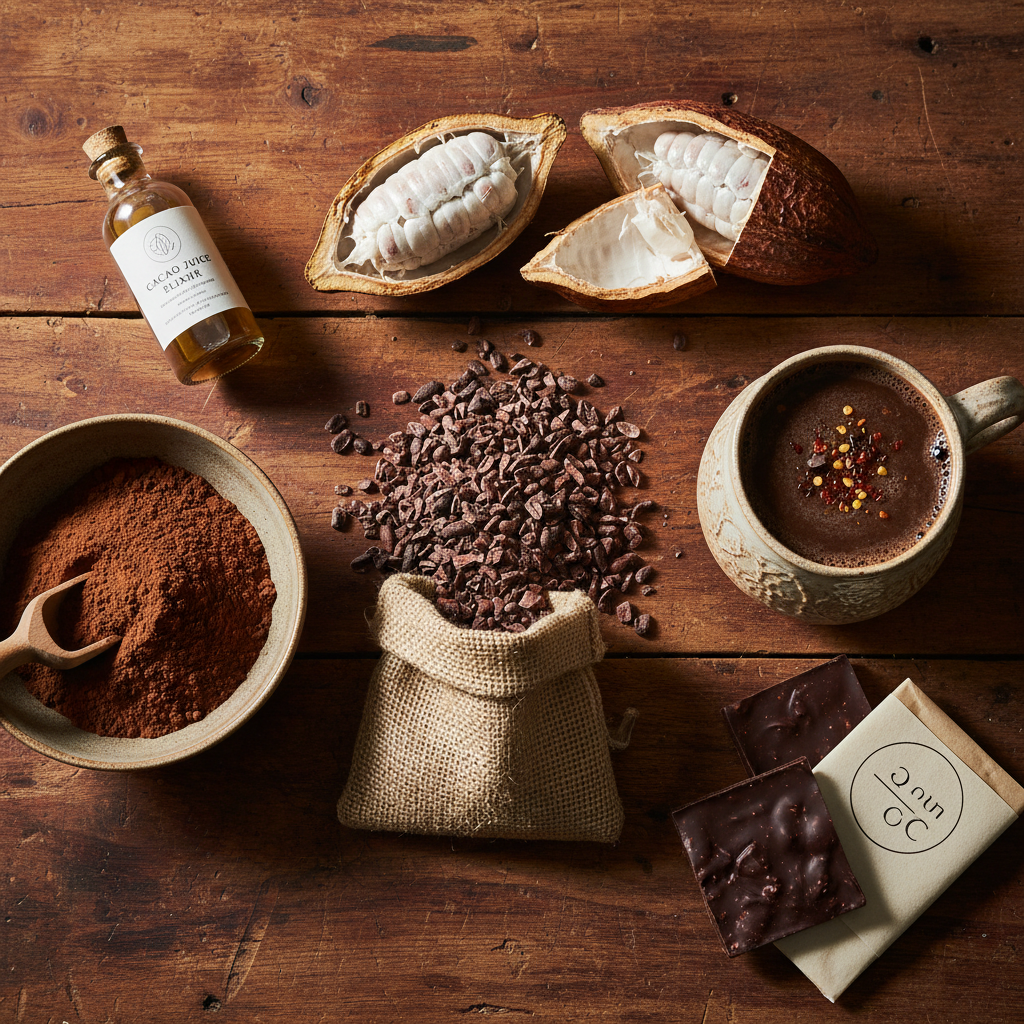 Cacao products and cacao juice brands varieties