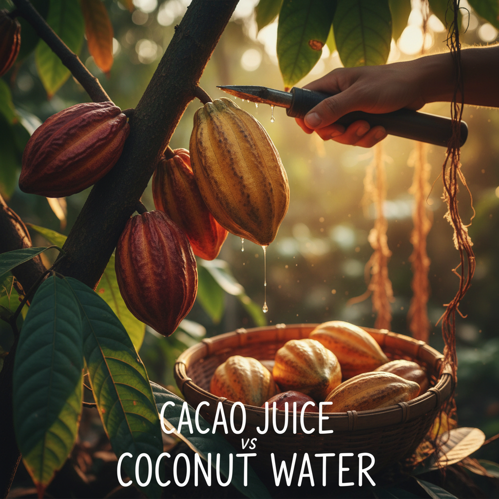 Harvesting cacao for cacao juice vs coconut water production