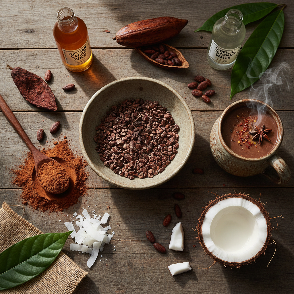 Cacao products and cacao juice vs coconut water varieties
