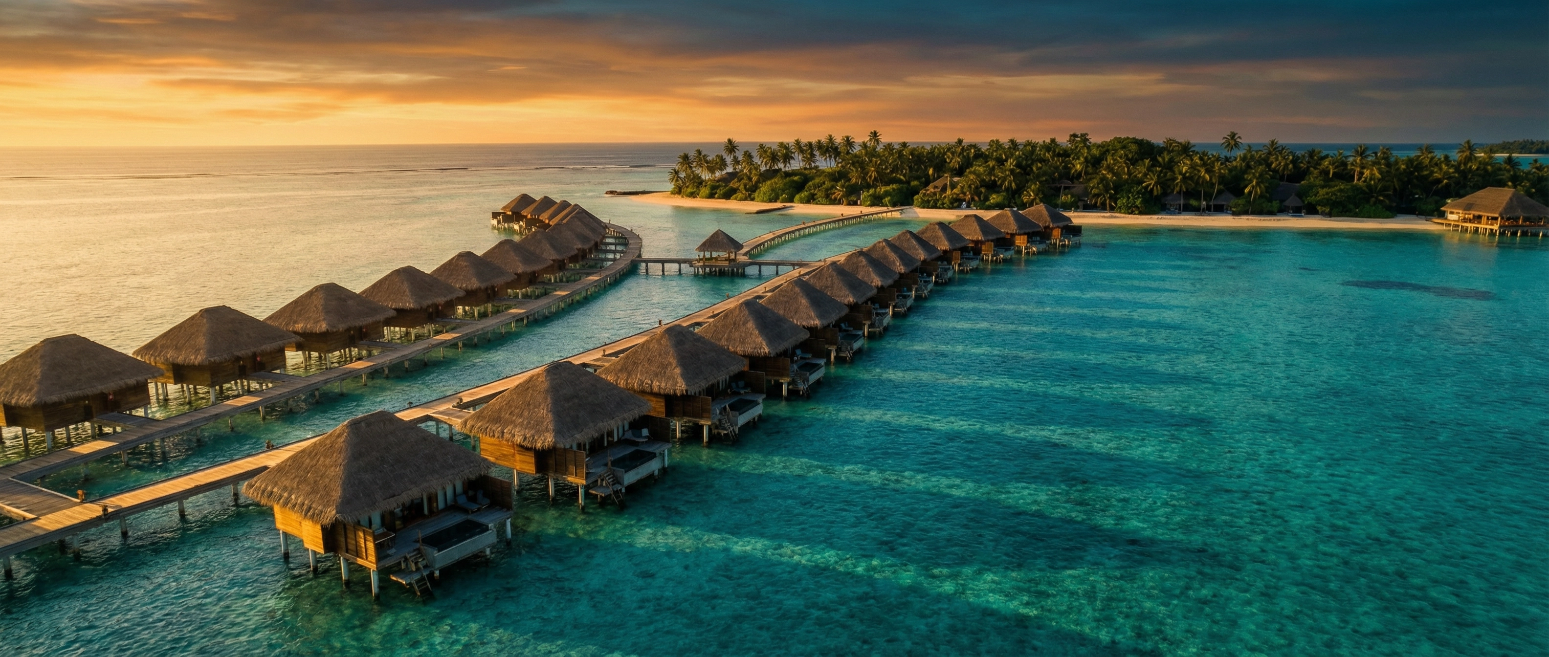 Luxury overwater villas at sunset in the Maldives