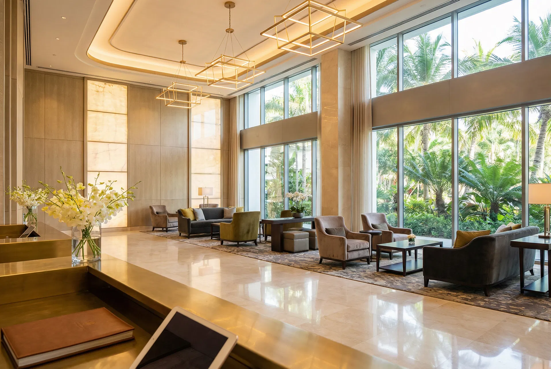 Luxury hotel lobby with golden ambient lighting