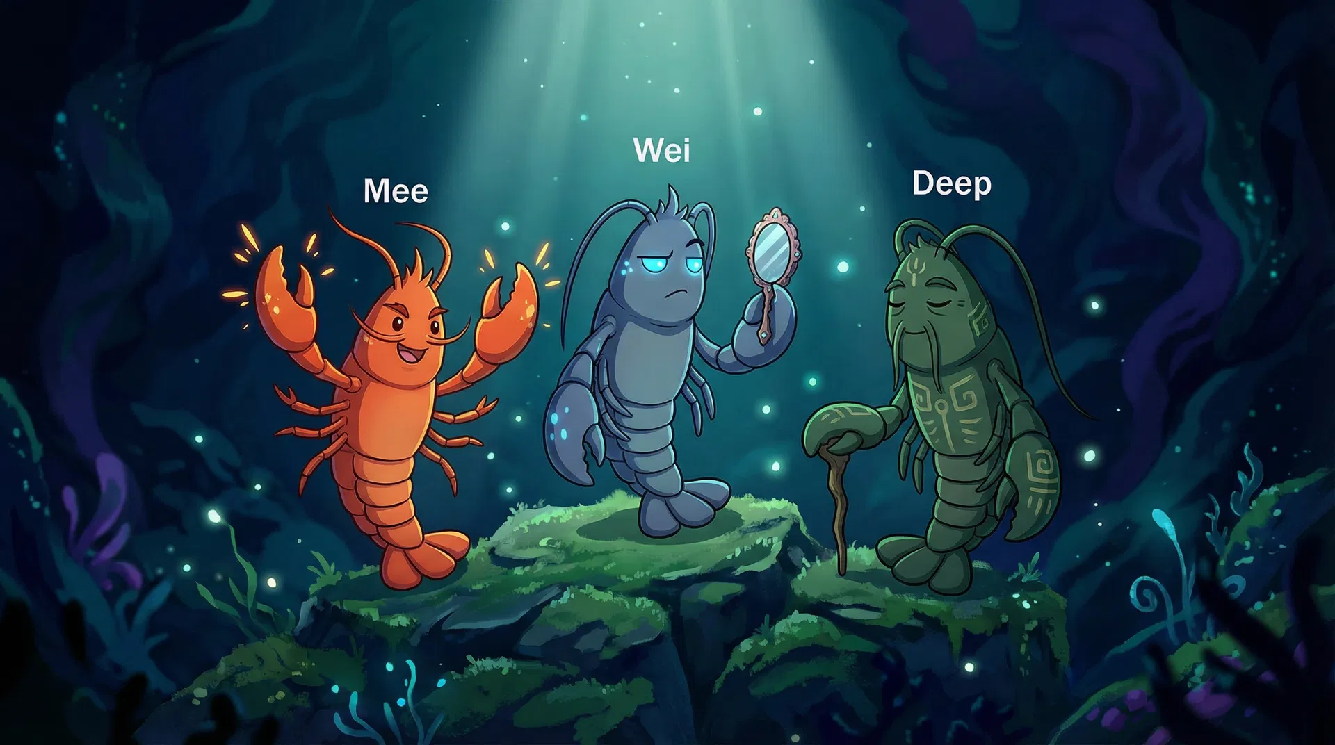 三只龙虾在深海中