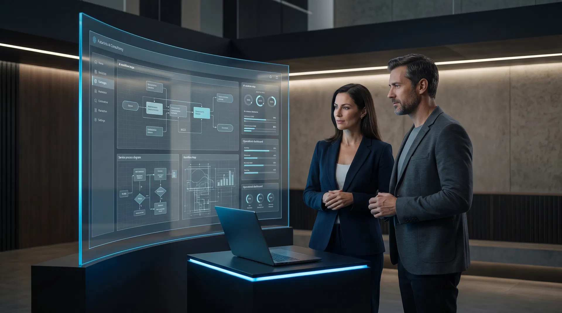 Founder-led business owners reviewing AI workflow strategy and operational dashboards