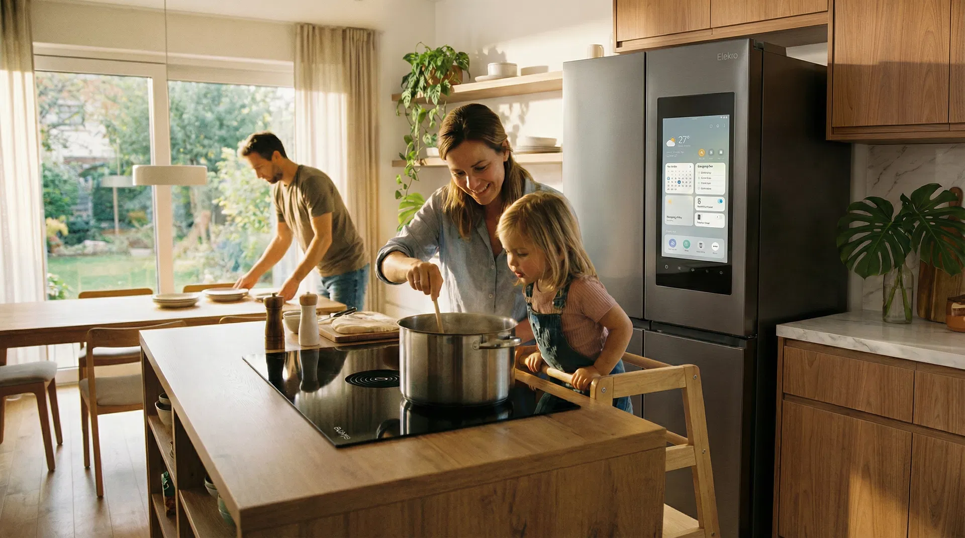 Family cooking with Elekro induction cooktop safe for children
