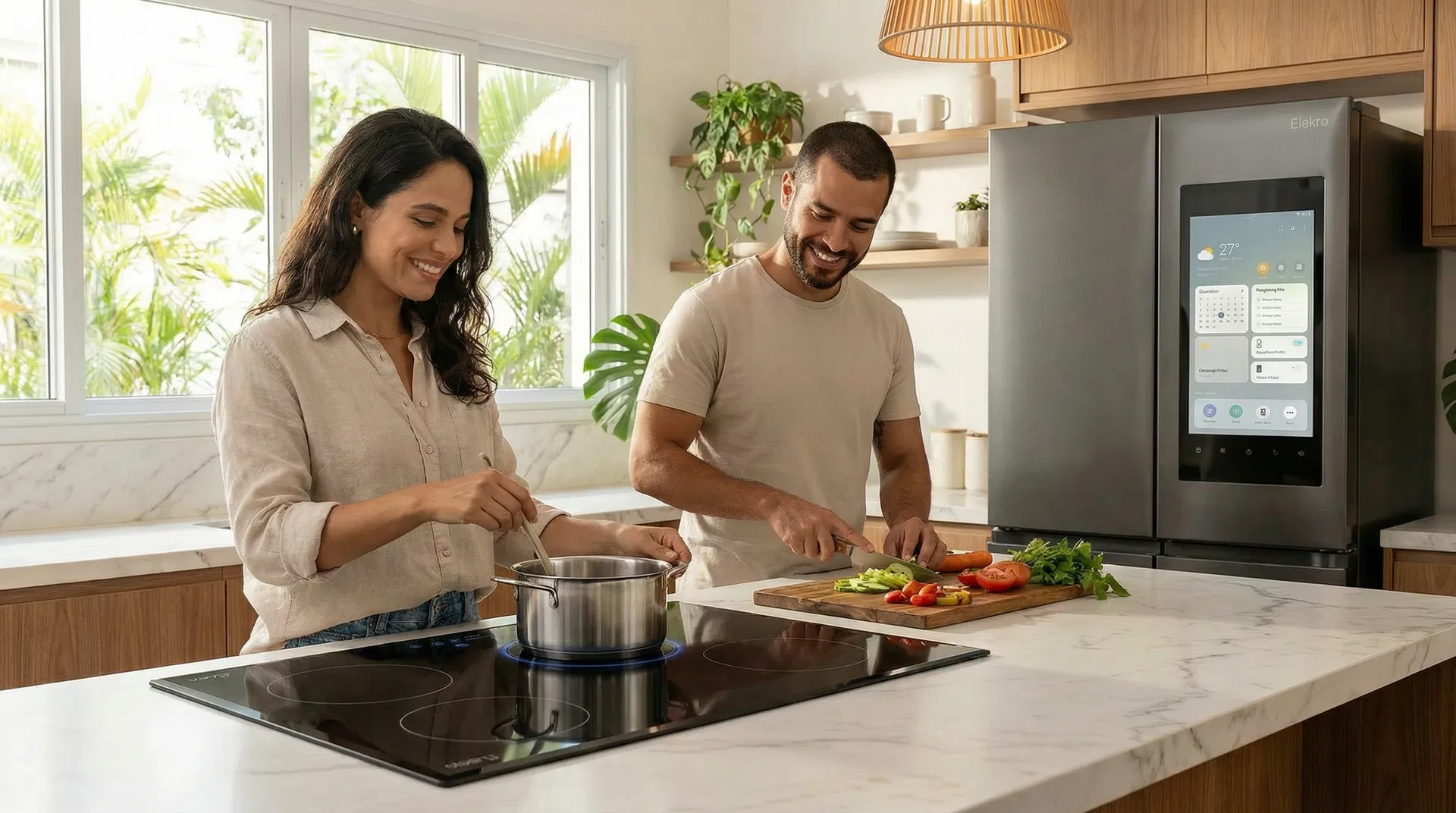Couple cooking together on Elekro induction cooktop in modern kitchen