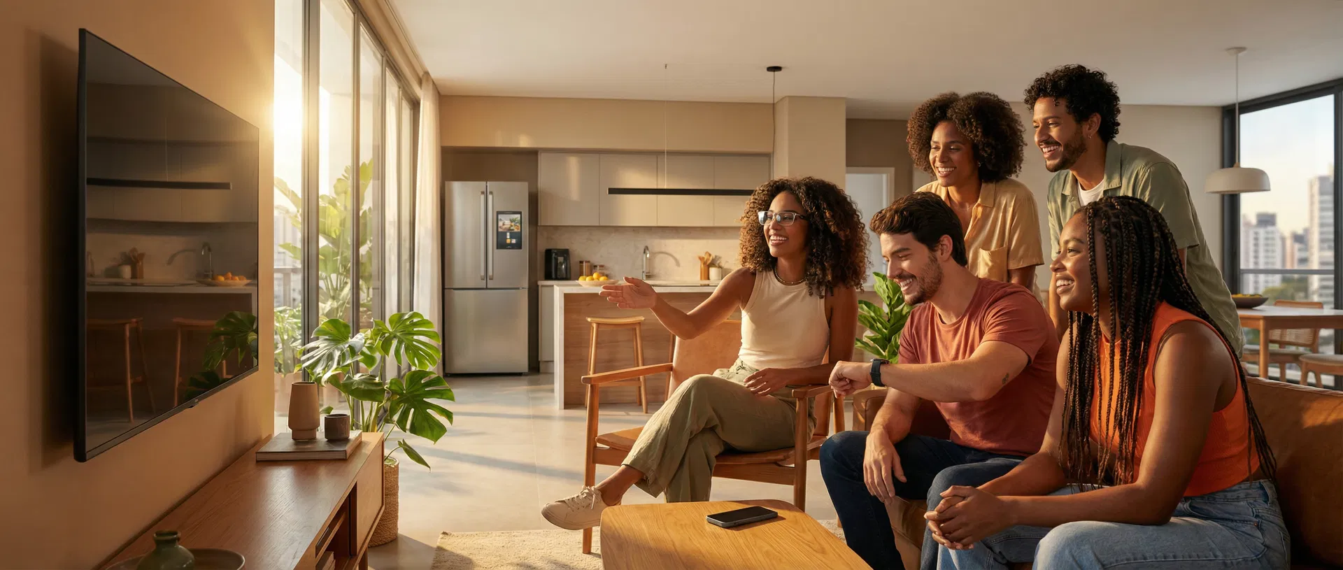 Jovens brasileiros diversos usando produtos Elekro: TV, smartwatch, óculos inteligentes, geladeira smart