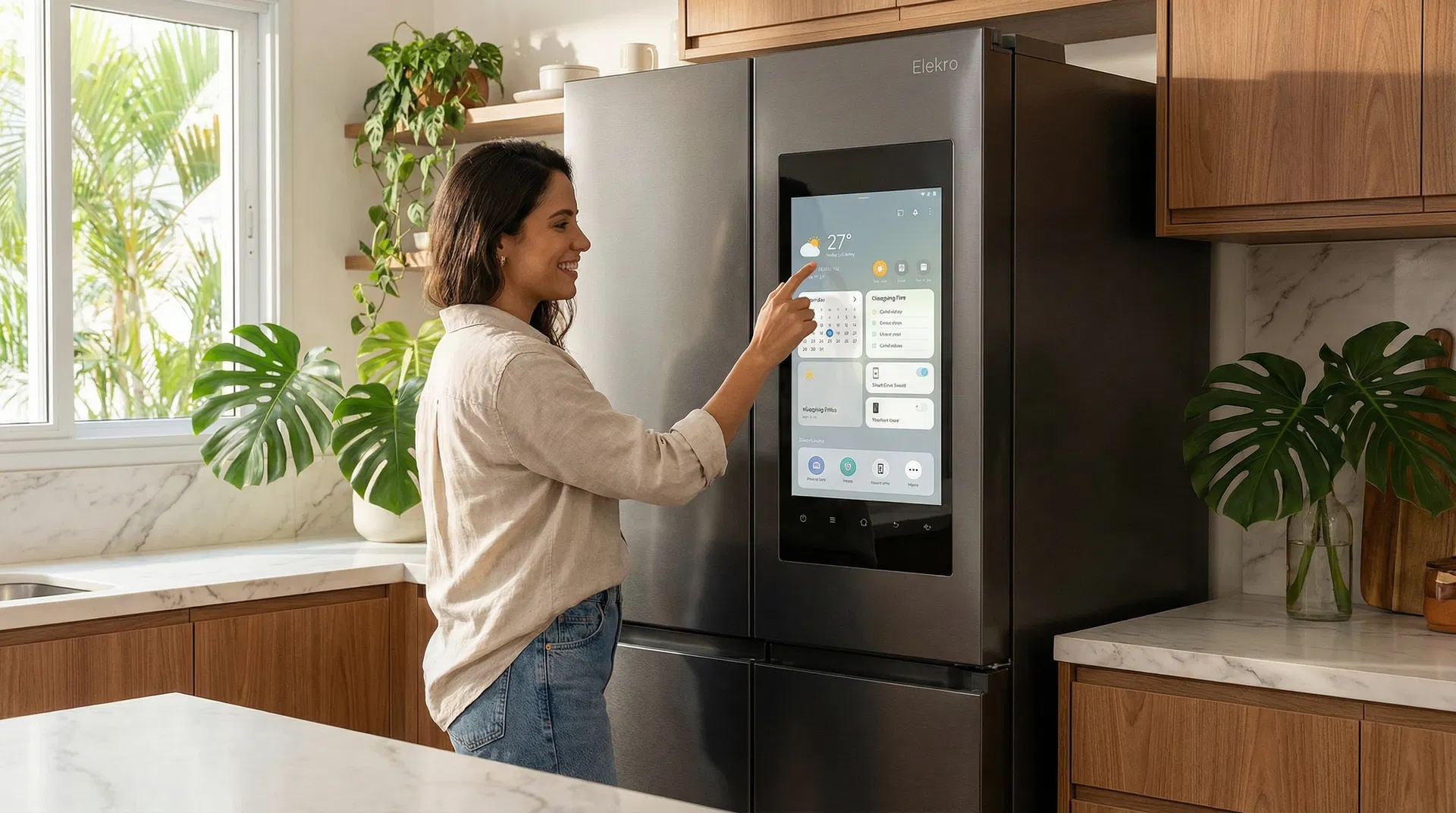 Mulher usando geladeira smart Elekro