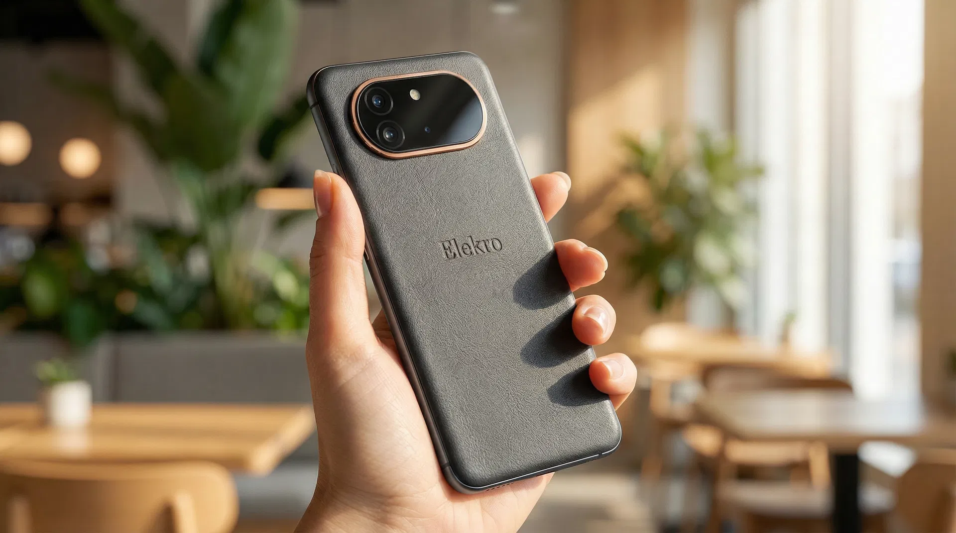 Mão segurando Elekro Smartphone com traseira em couro