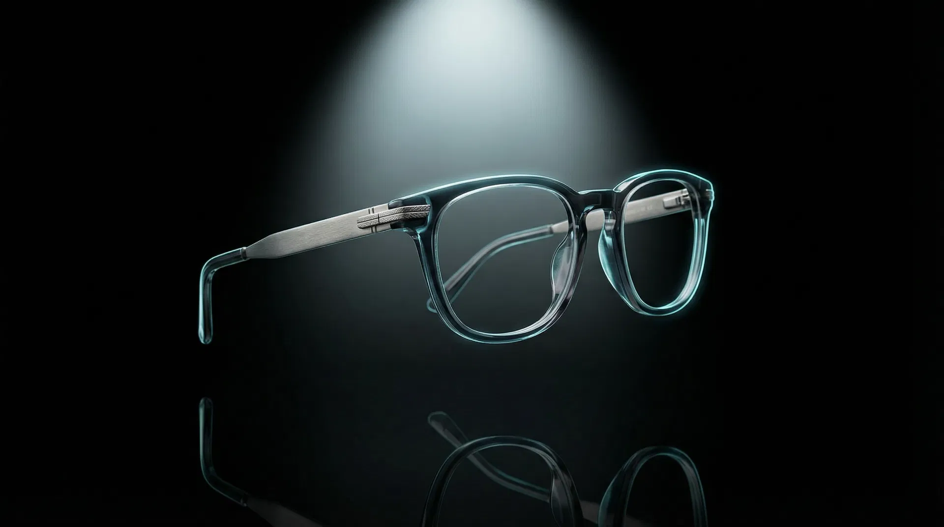 Premium eyeglasses floating in dramatic lighting