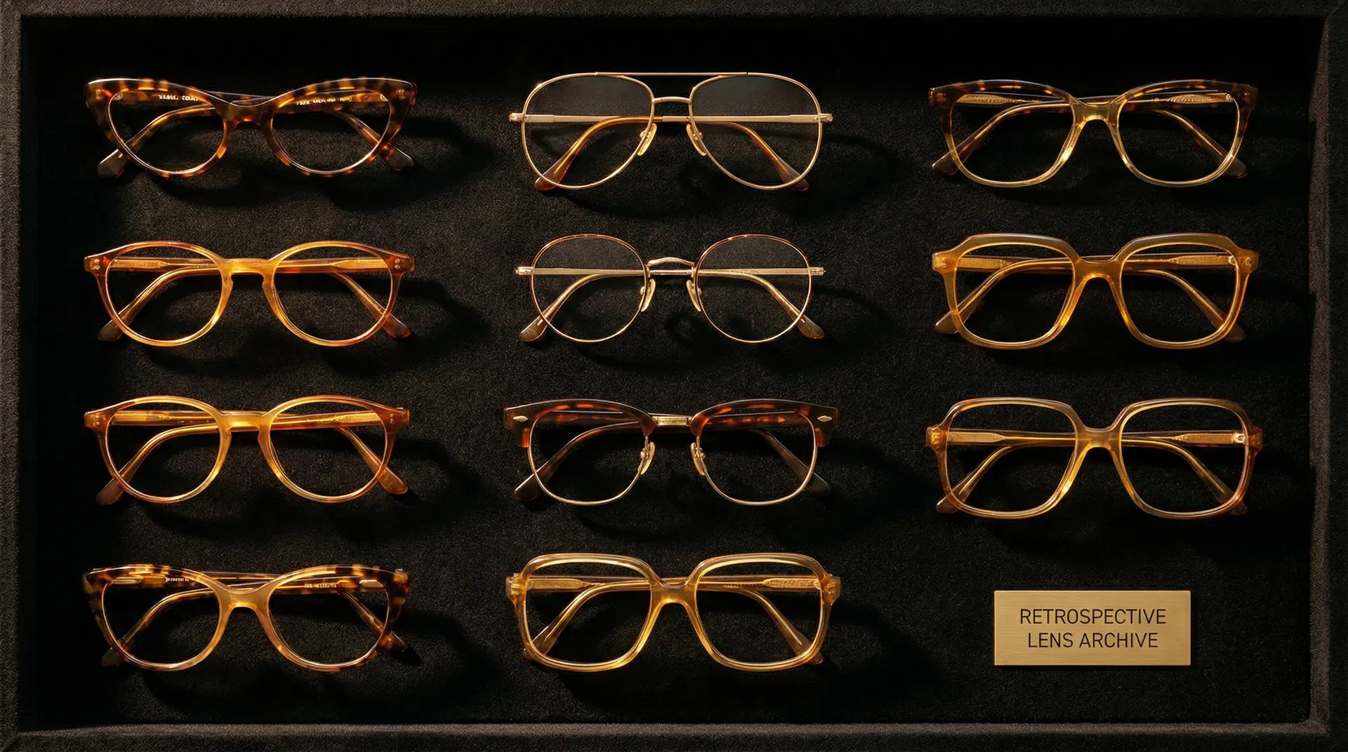 Curated collection of vintage eyeglass frames arranged on black velvet