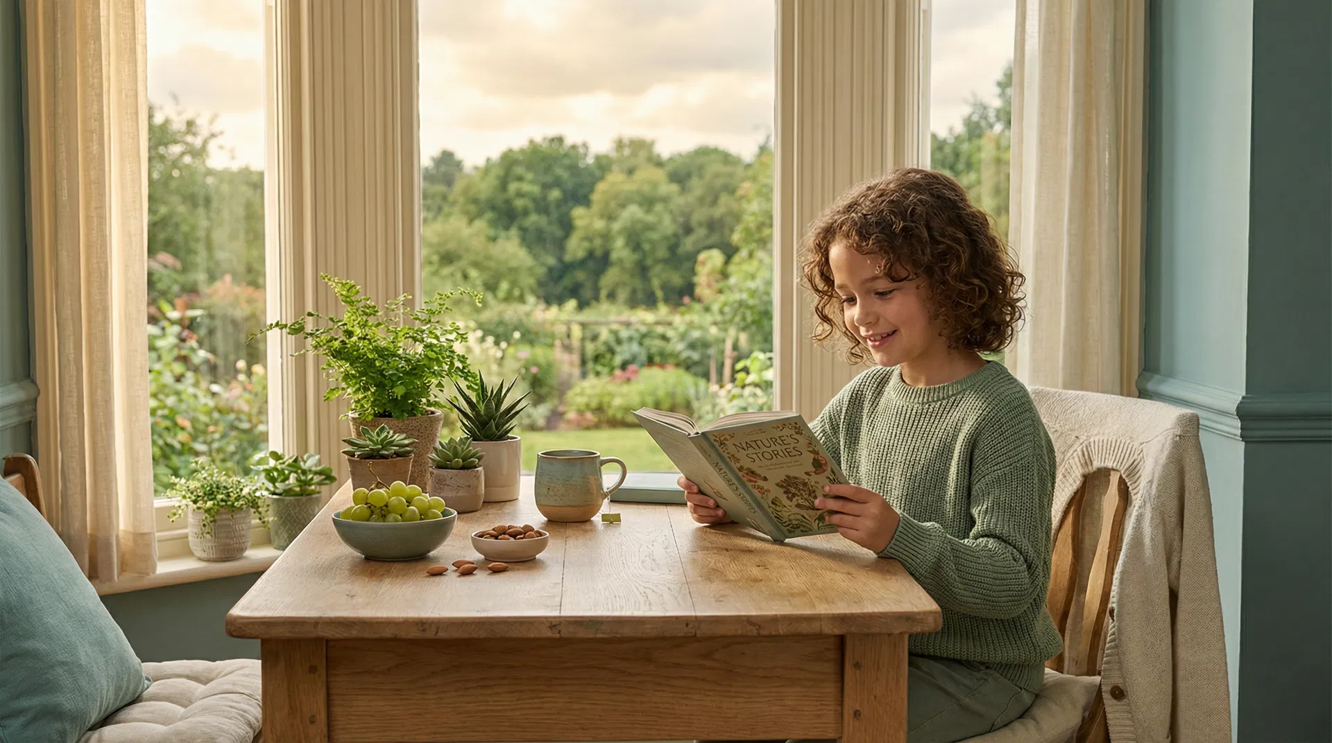 Kind beim konzentrierten Lesen in natürlicher Umgebung