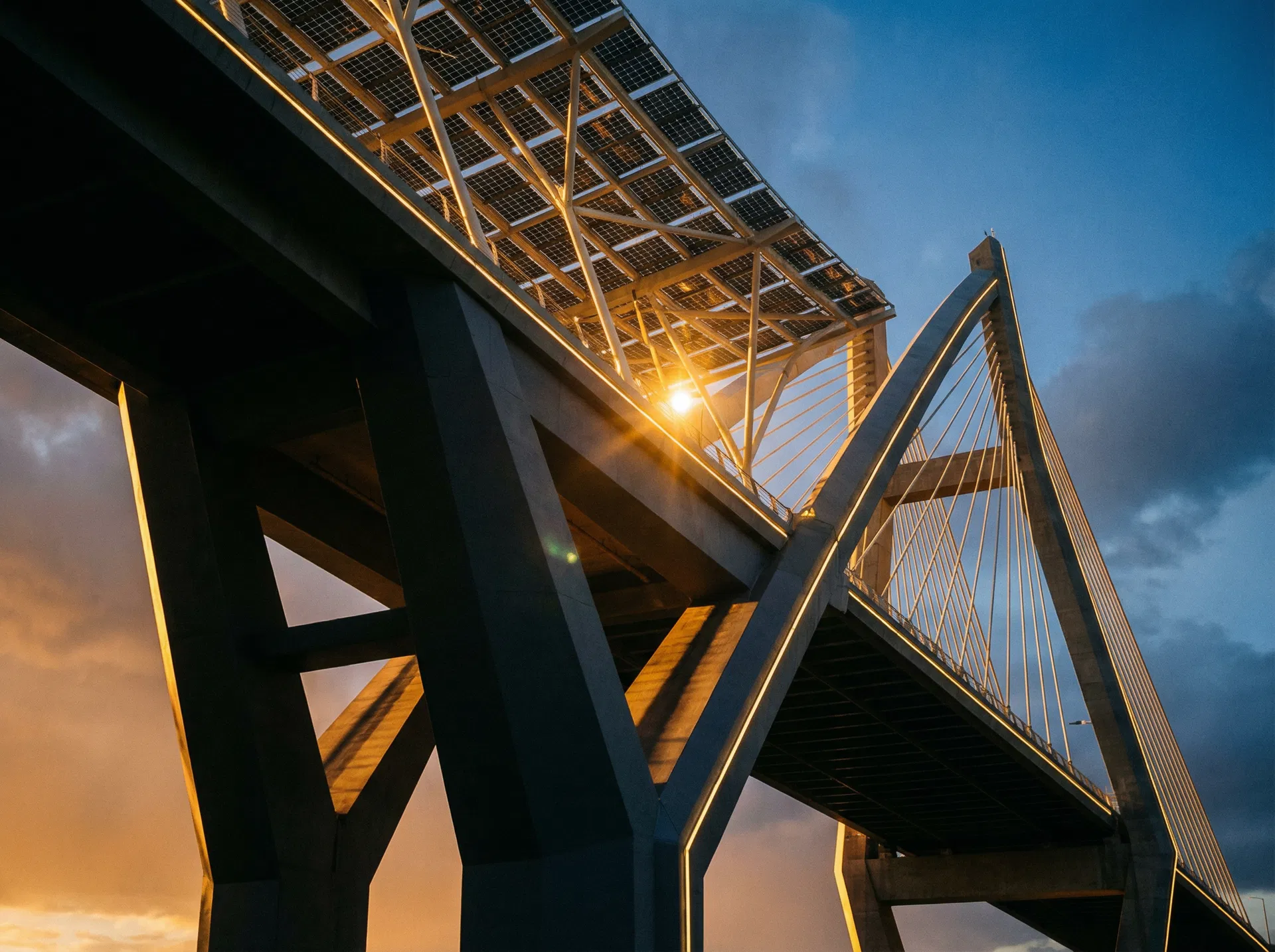 Modern sustainable bridge infrastructure at golden hour — steel and concrete engineering