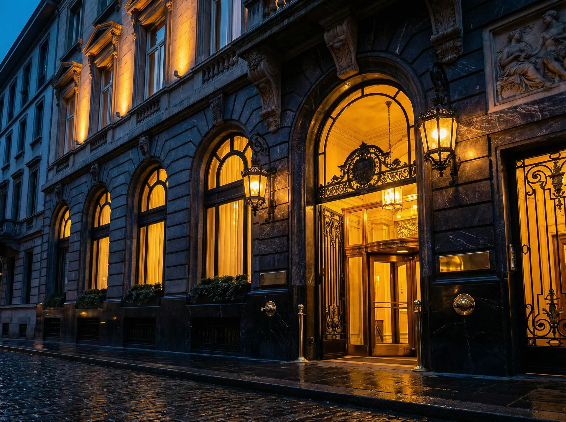 Ultra-prime luxury building facade at dusk with warm golden light — exclusive real estate