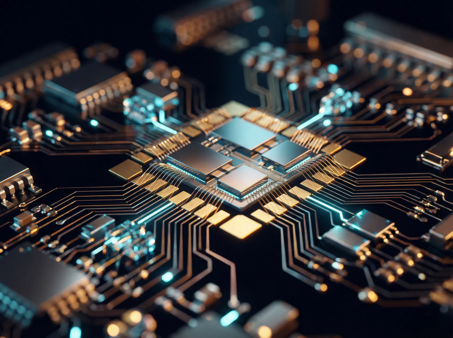 Advanced quantum computing hardware with gold circuit traces — cutting-edge technology