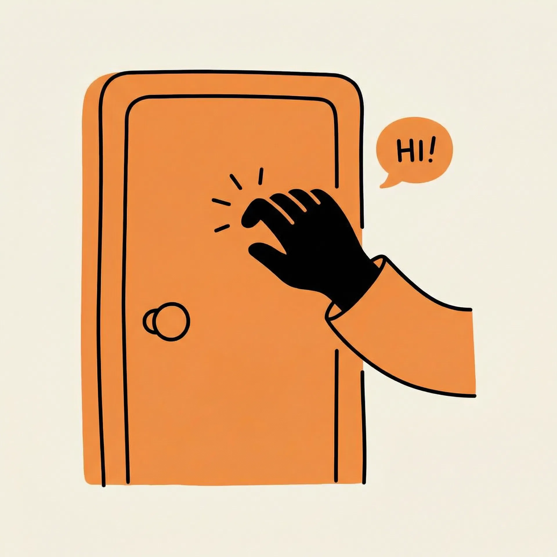 A hand knocking on an orange door with a friendly Hi! speech bubble