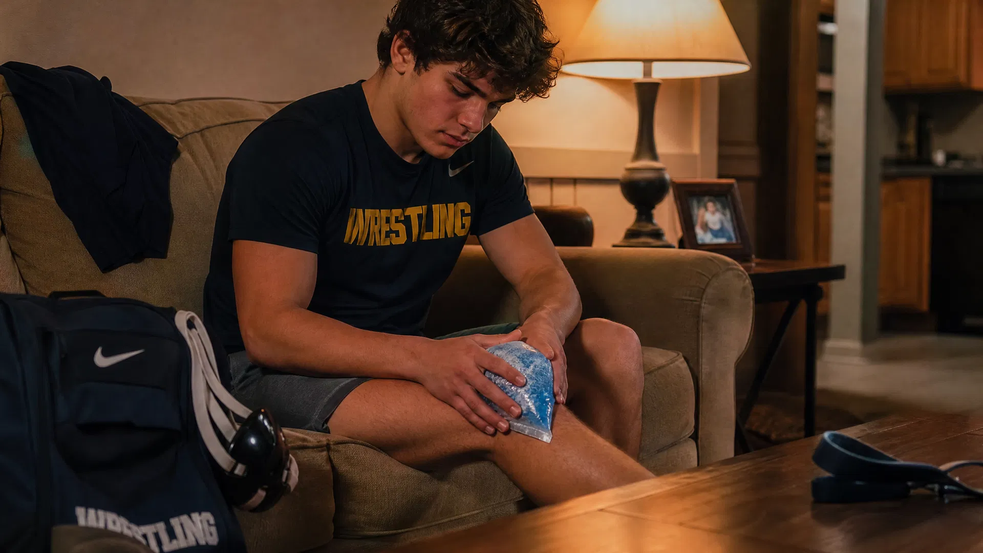 Wrestler icing knee at home