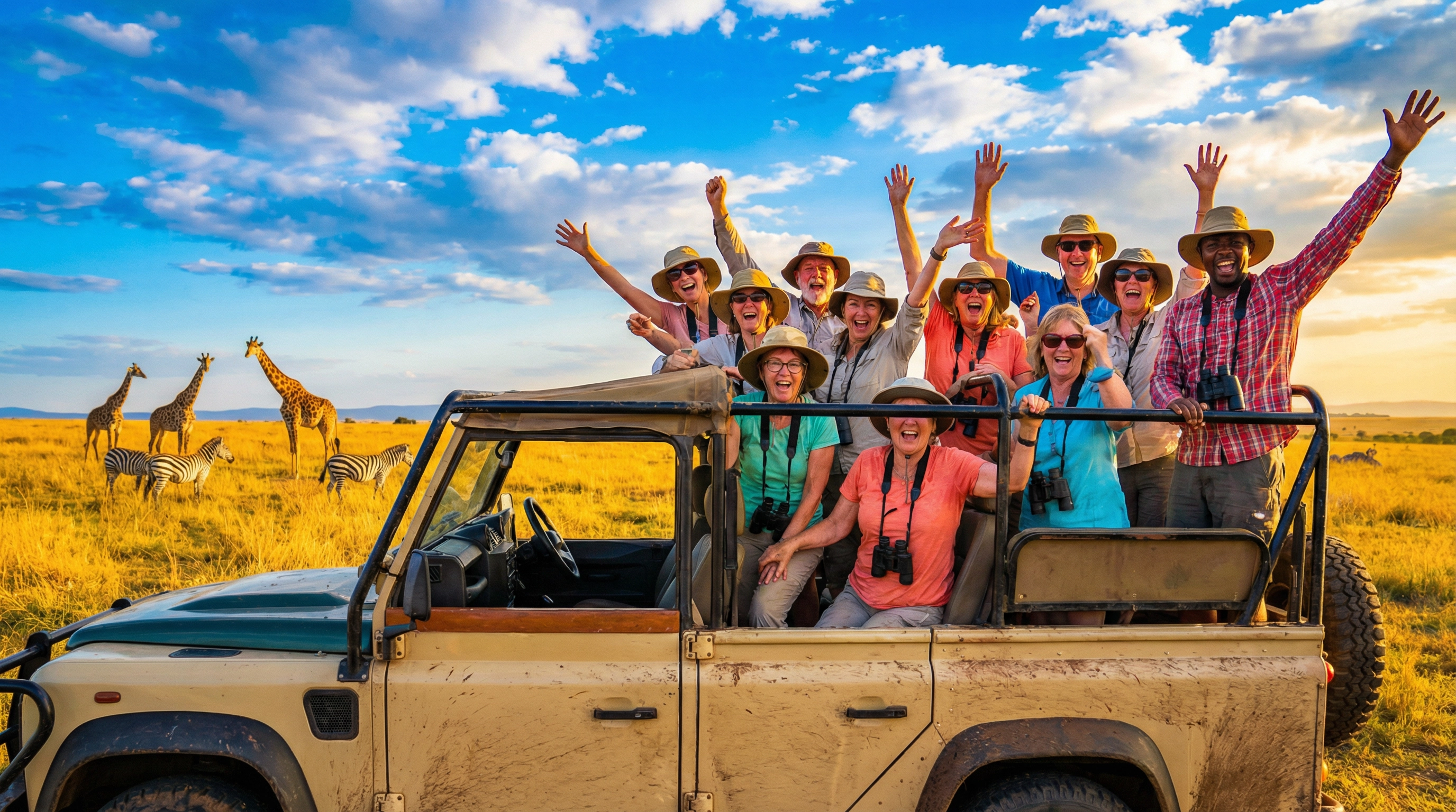 Happy tourists on safari game drive Kenya