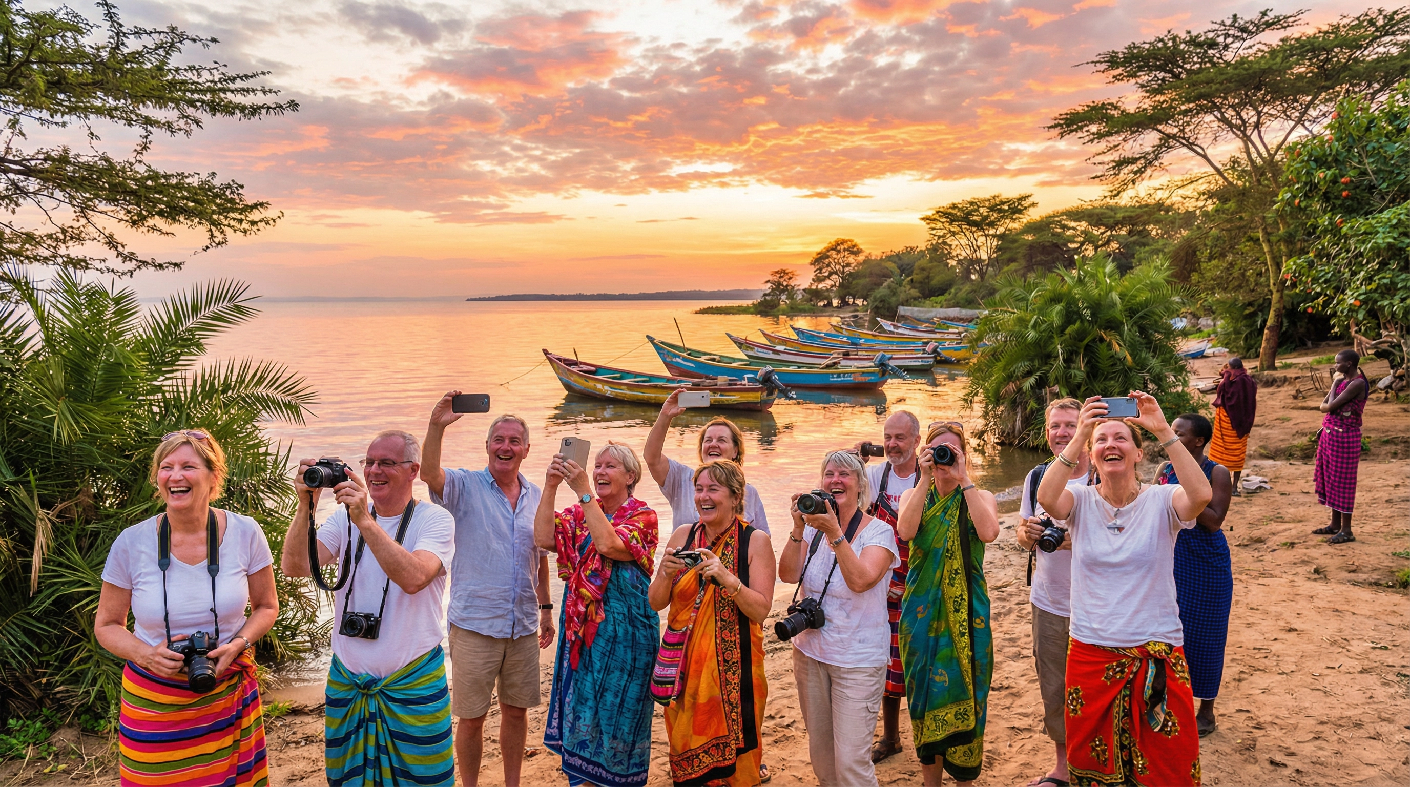Happy tourists at Lake Victoria Kenya sunset