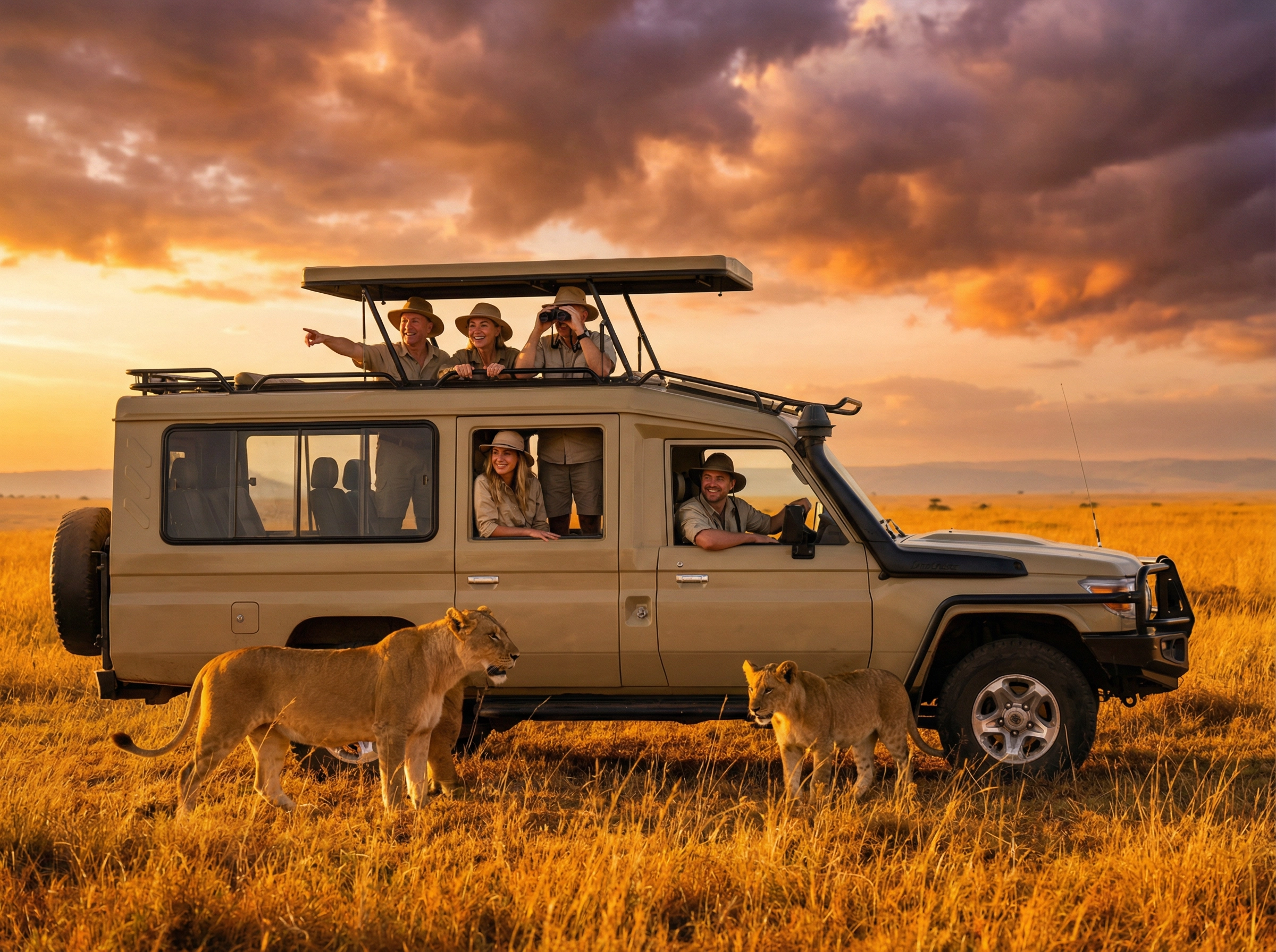 Tourists watching lions in Kenya