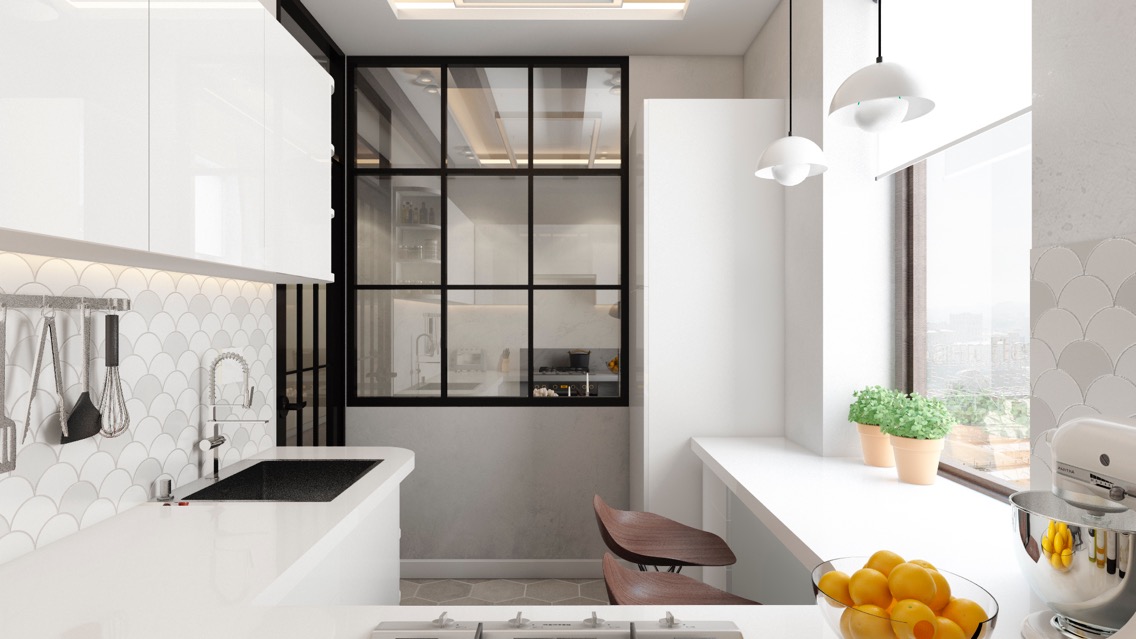 Современная белая кухня с лофт-перегородкой