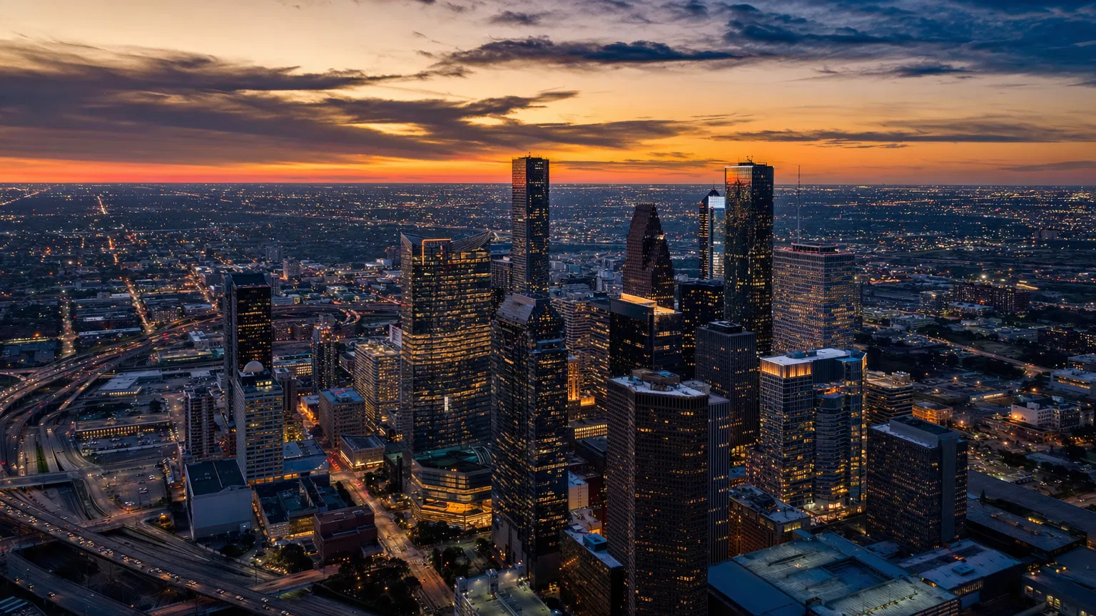 Houston Texas skyline at dusk