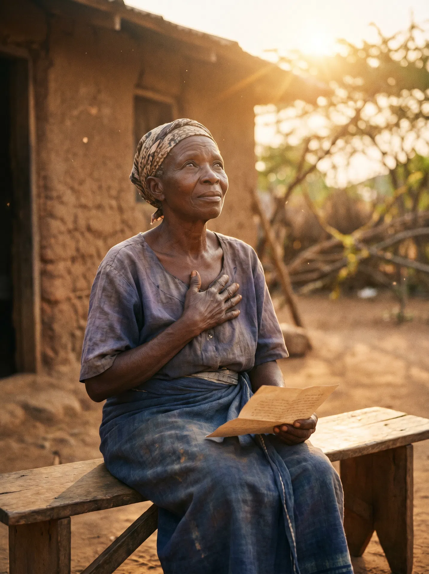 An elderly Nigerian grandmother with her hand over her heart, looking into the golden morning light, holding a letter — waiting for those who left