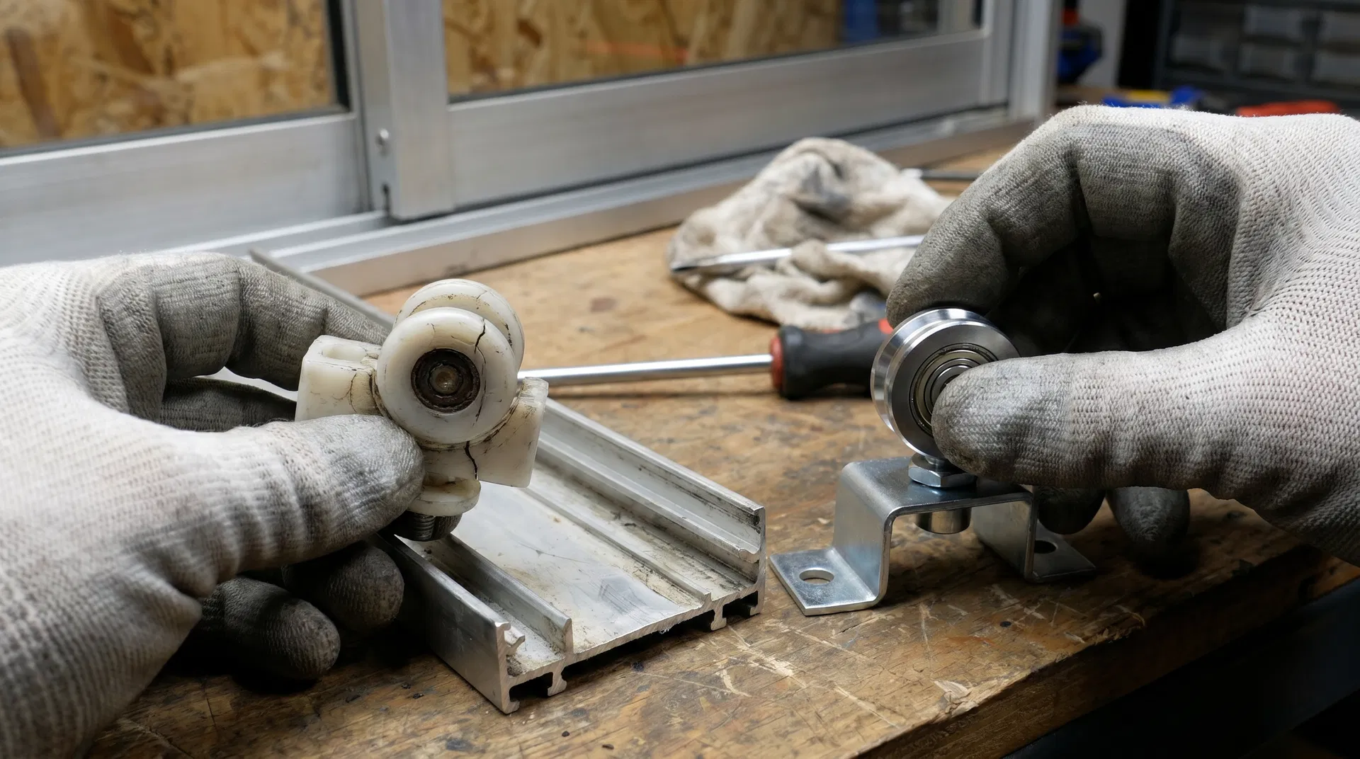 Monteur bezig met schuifpui reparatie - Schuifpui Wielen Vervangen — Vakkundig & Duurzaam