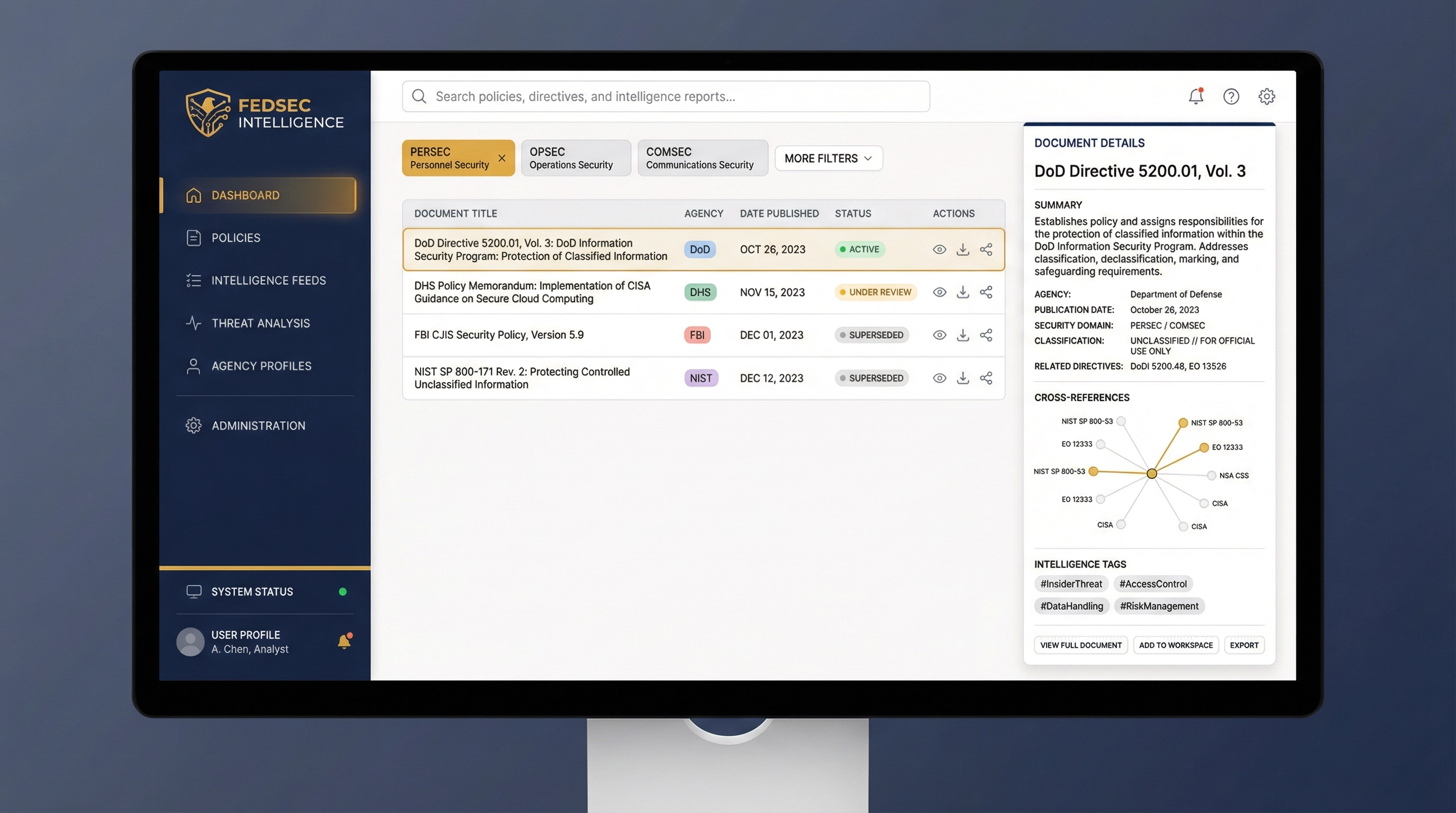 Federal Precept dashboard showing policy search, cross-agency crosswalks, and document details