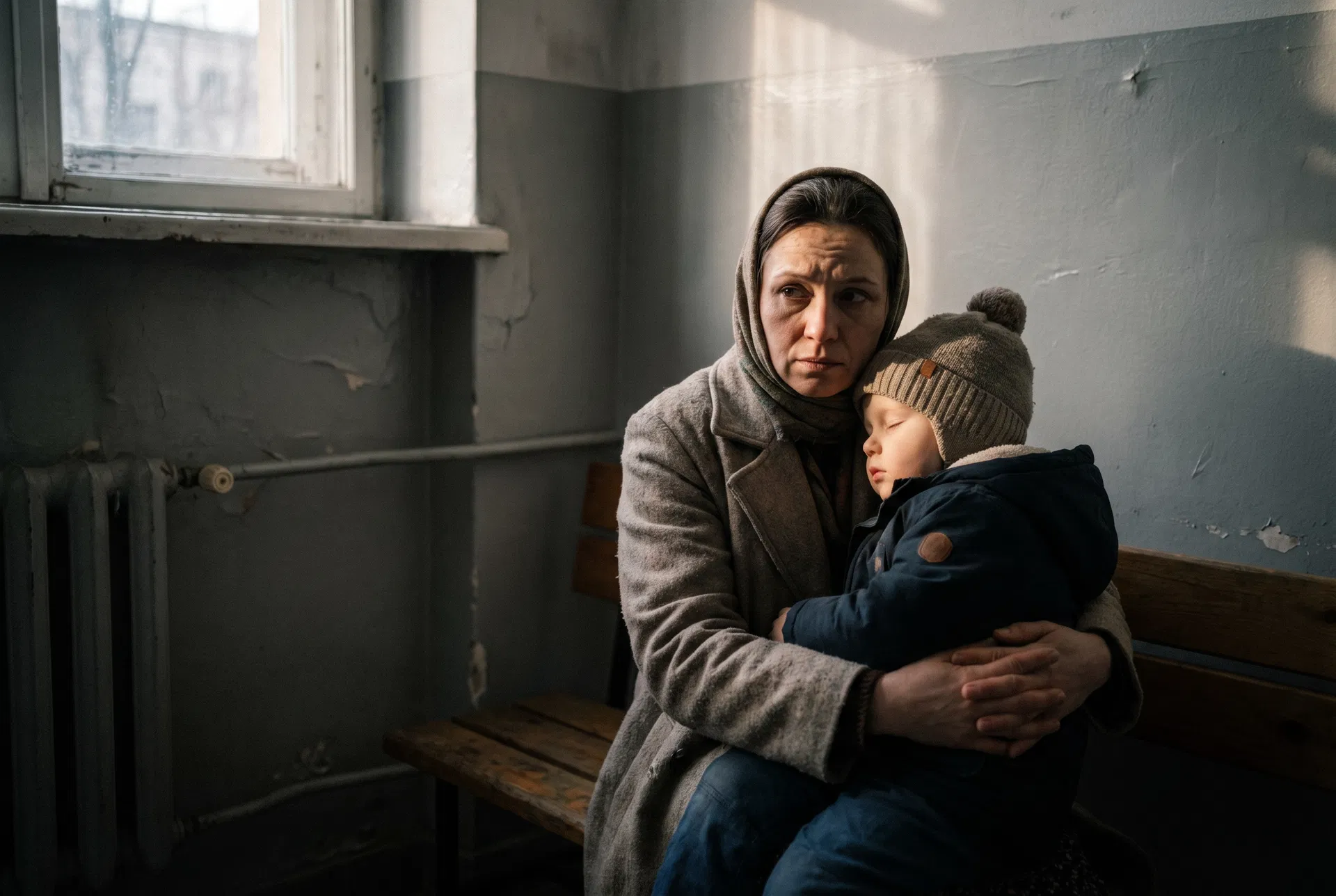 Matka z dzieckiem w poczekalni sądowej