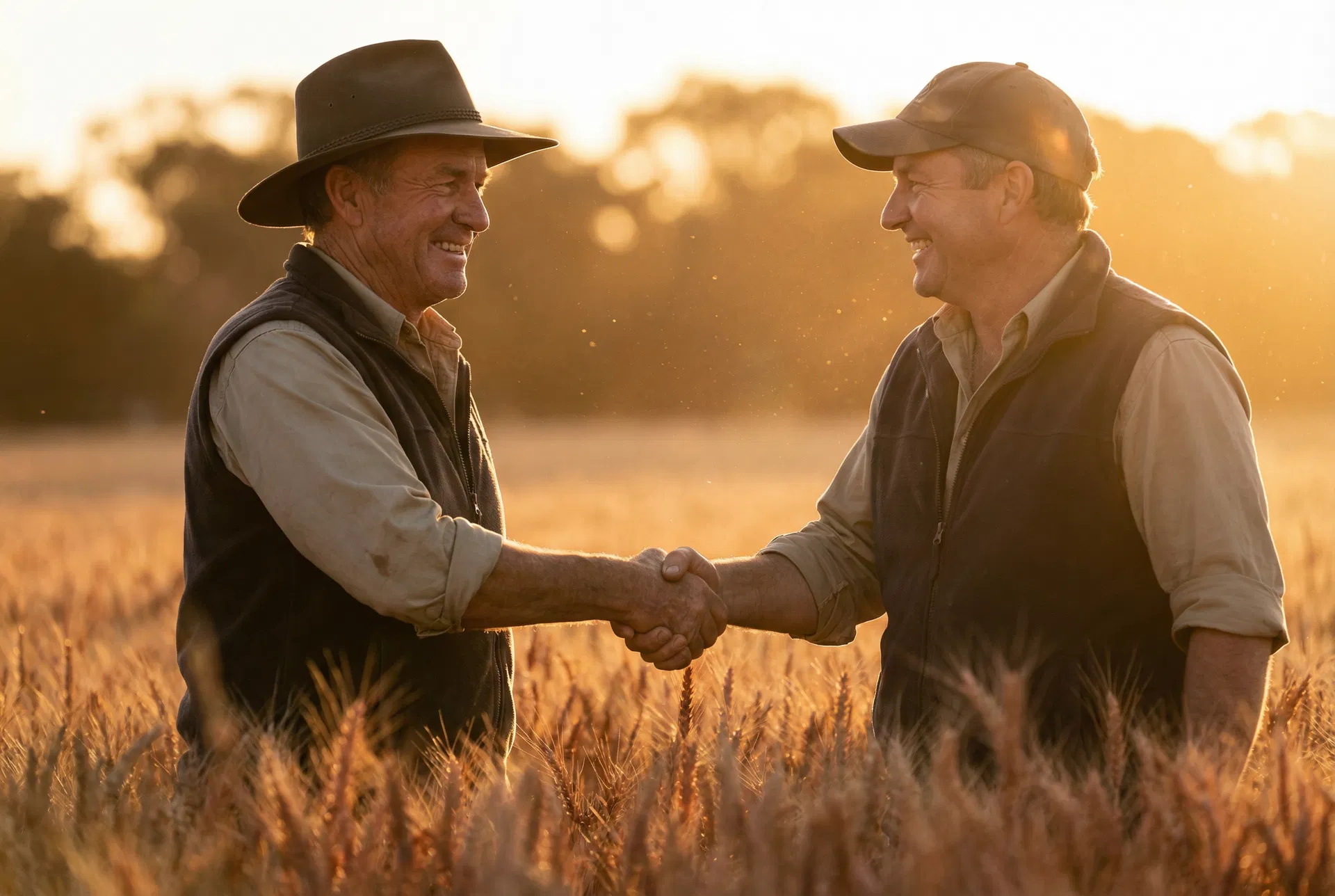 Australian farmers shaking hands in wheat field